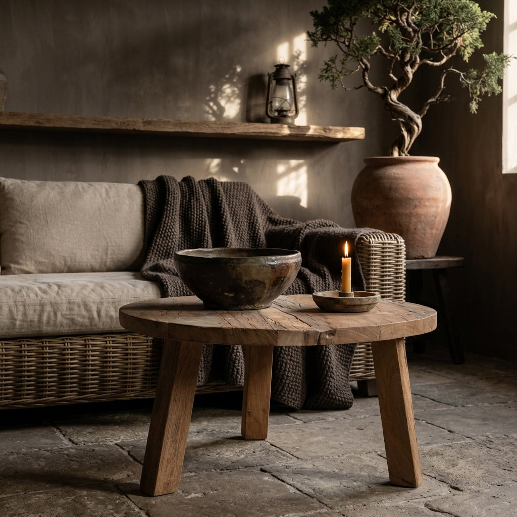 Kayu Living round Farmwood coffee table in brown reclaimed wood with natural grain, set in a rustic living room.