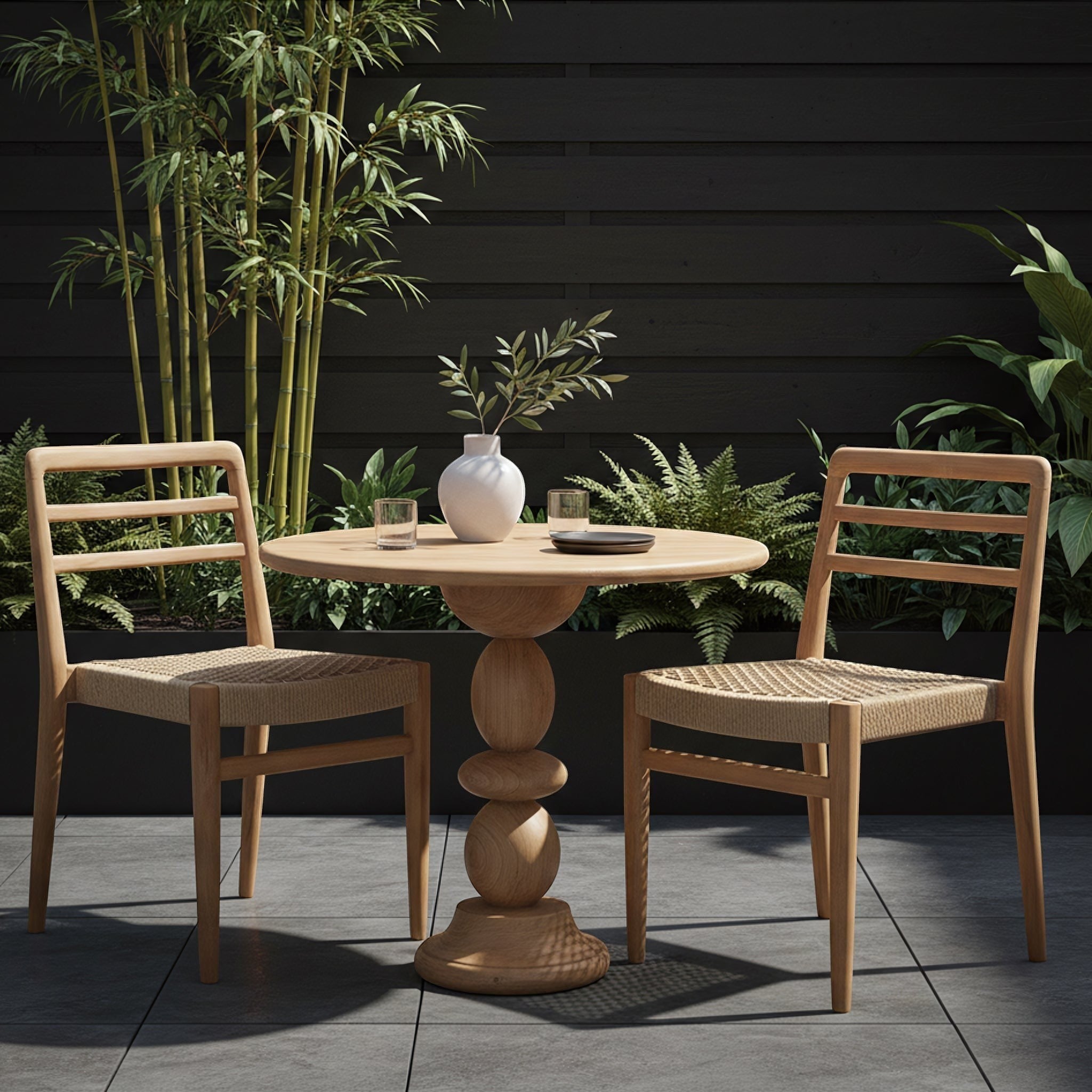 Kayu Living round teak bistro table with a unique pedestal base and two matching chairs on a modern outdoor patio.
