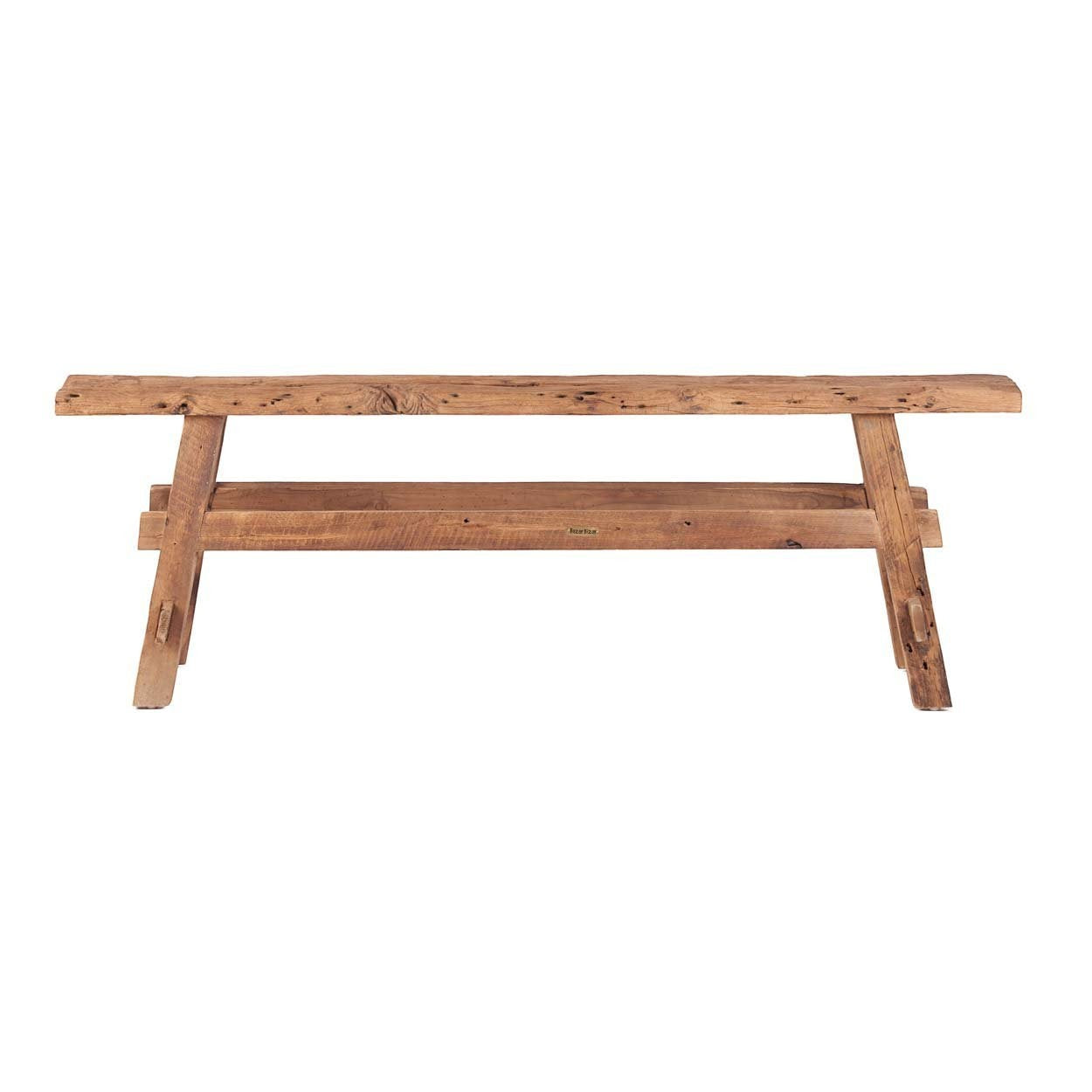 Kayu Living rustic bench handcrafted from solid Indonesian teak with a natural finish and visible wood grain.