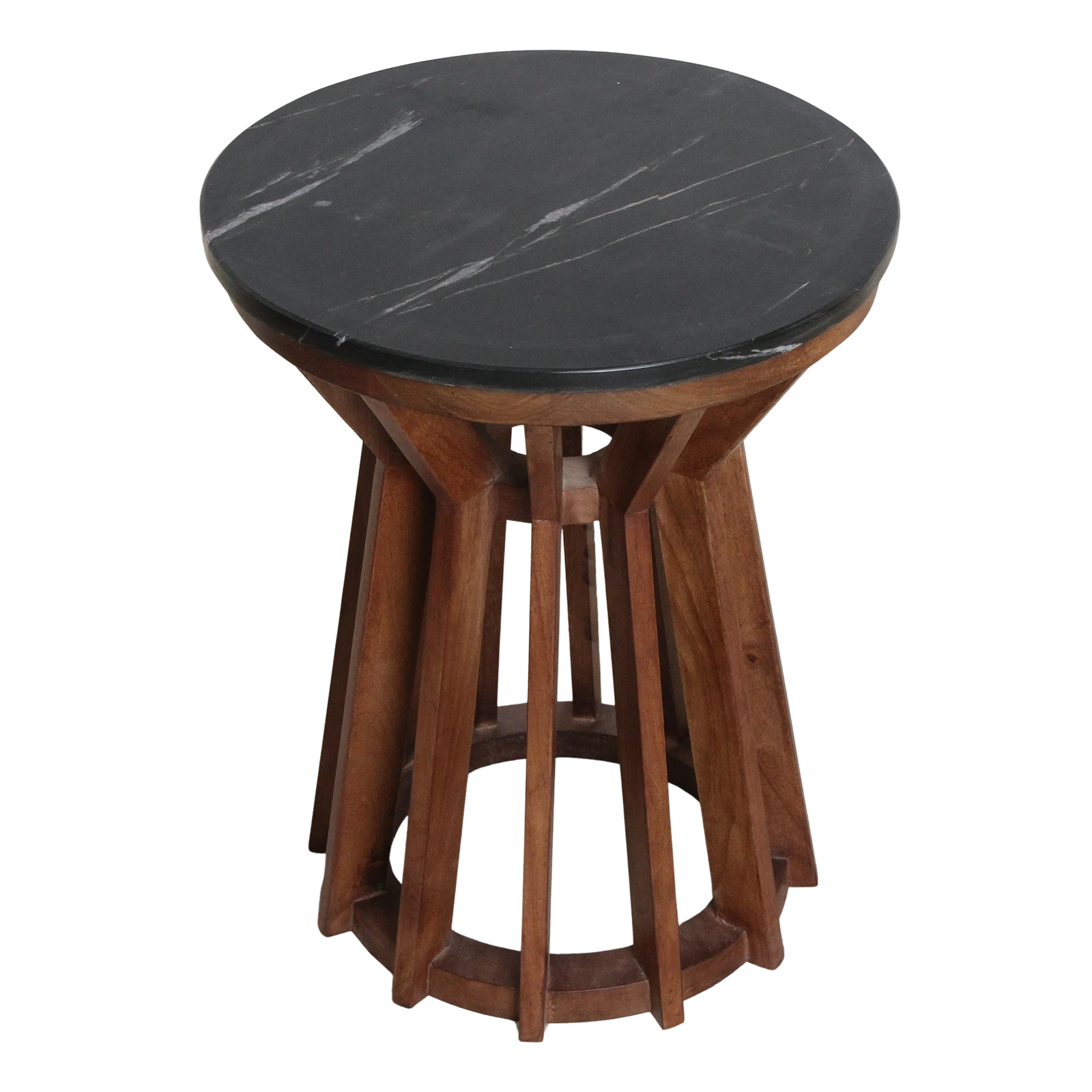 Kayu Living Sabah side table with a round black marble top and a dark mango-wood spoked base.