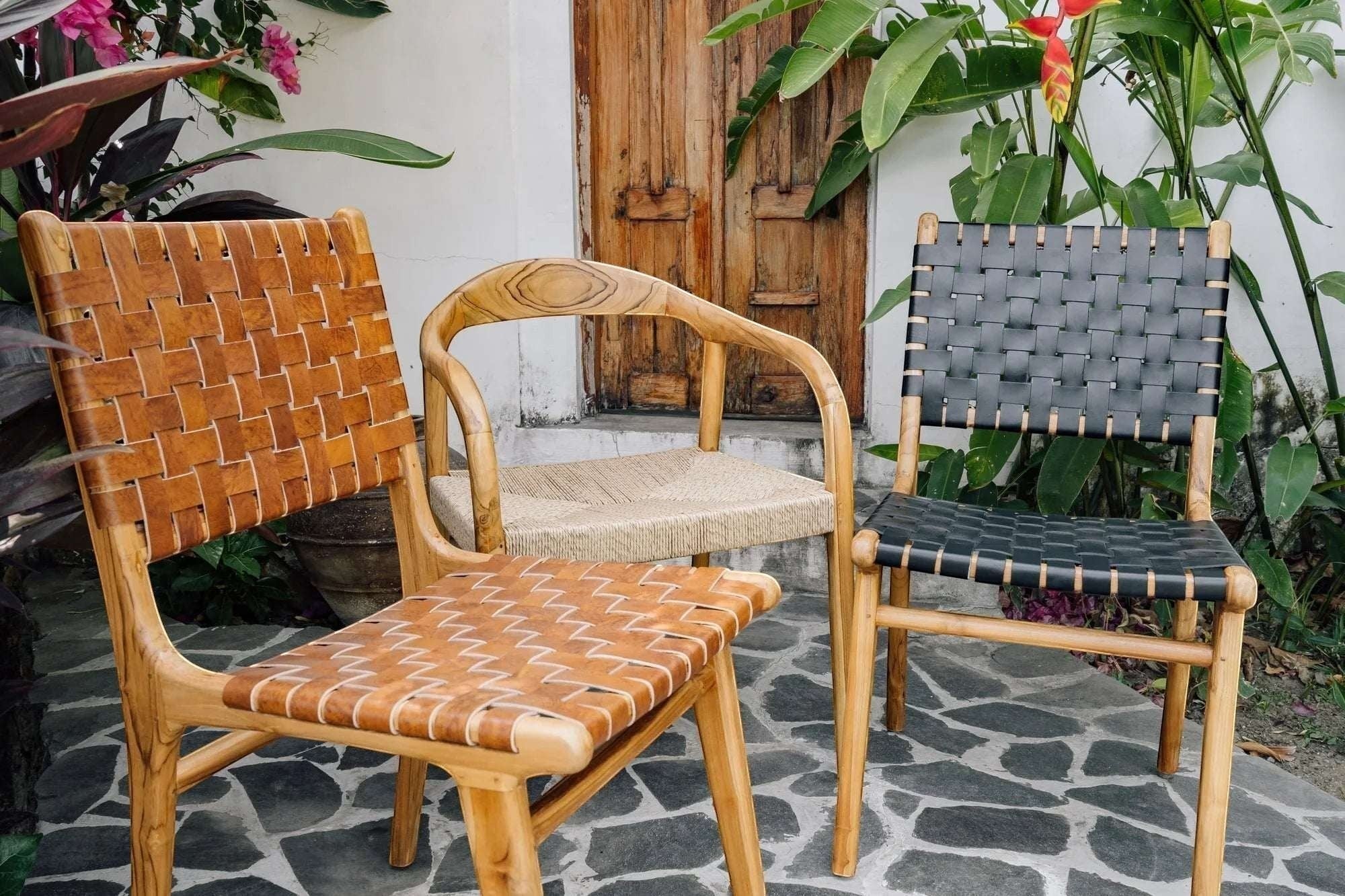 Kayu Living Sanur dining chair with hand-woven camel brown leather seat and teak frame.