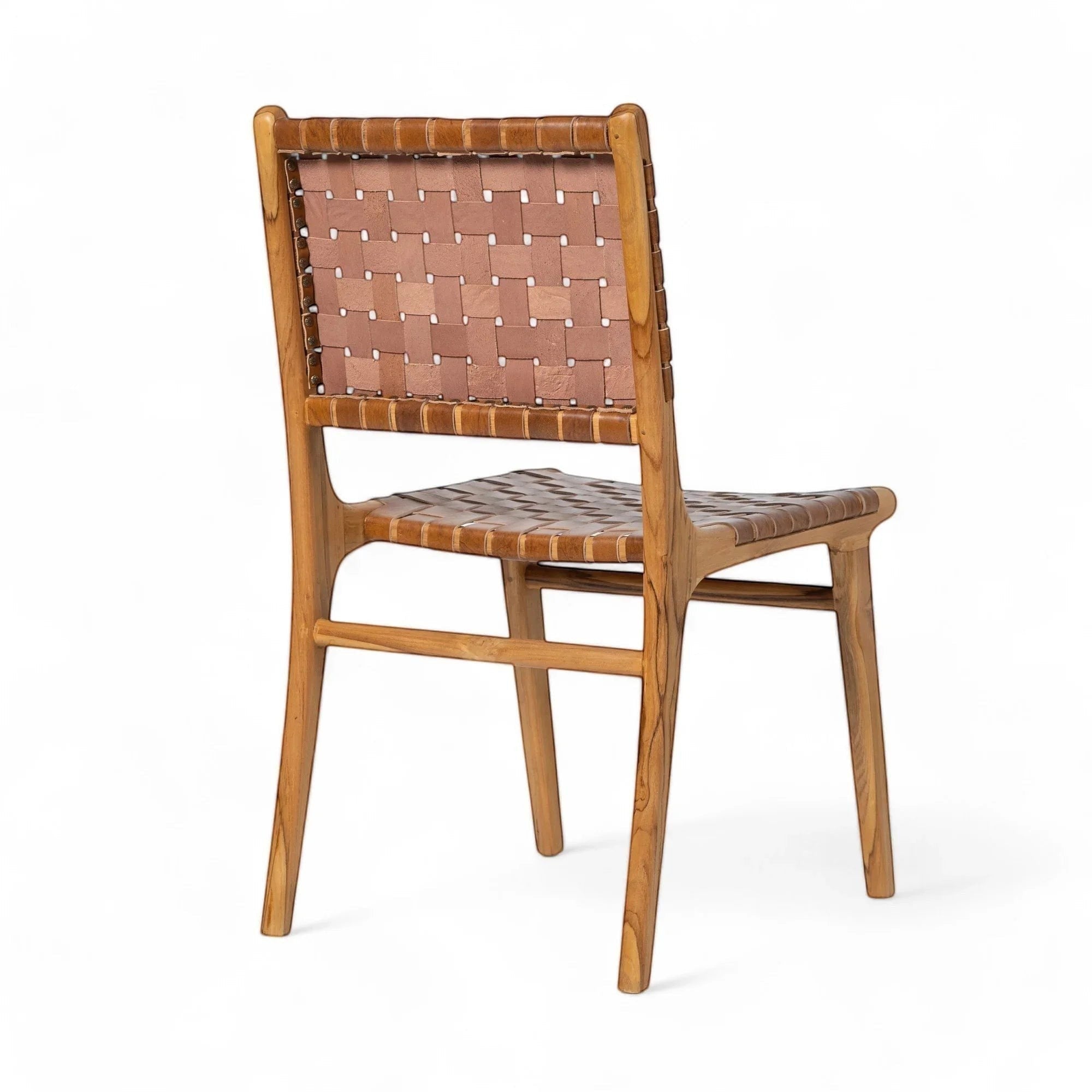 Kayu Living Sanur dining chair with hand-woven camel brown leather seat and teak frame.