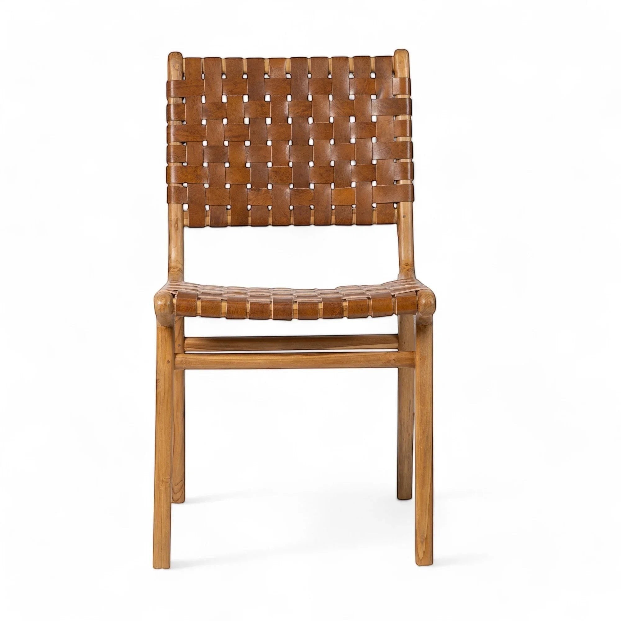 Kayu Living Sanur dining chair with hand-woven camel brown leather seat and natural teak frame.
