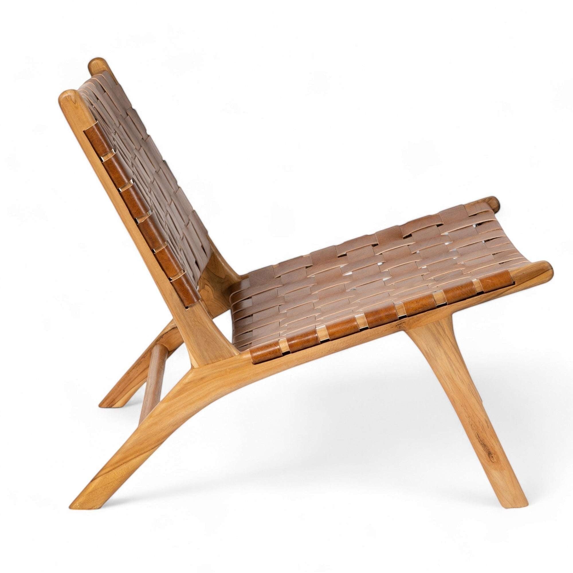 Kayu Living Sanur lounge chair with camel woven leather seat and teak frame. Modern, comfortable accent chair.