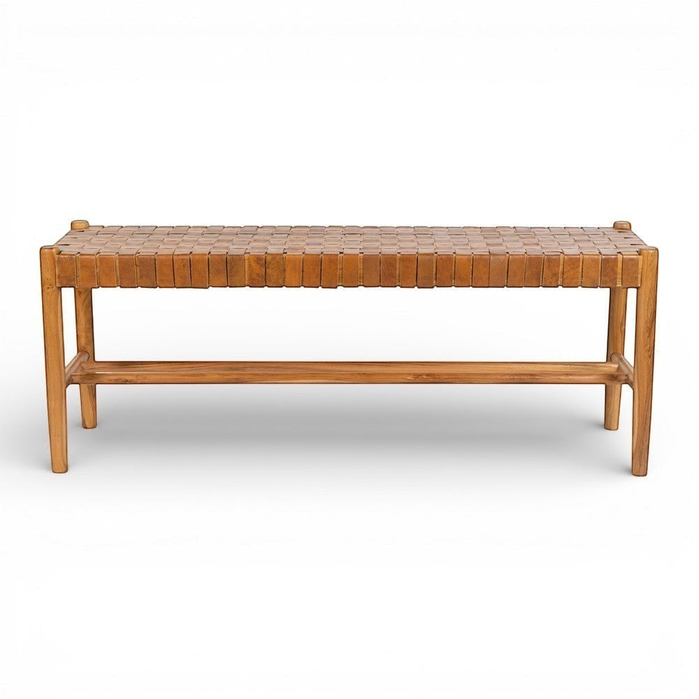 Kayu Living Sanur 120 cm bench with solid teak frame and handwoven camel leather seat. Versatile for hallway or bedroom.