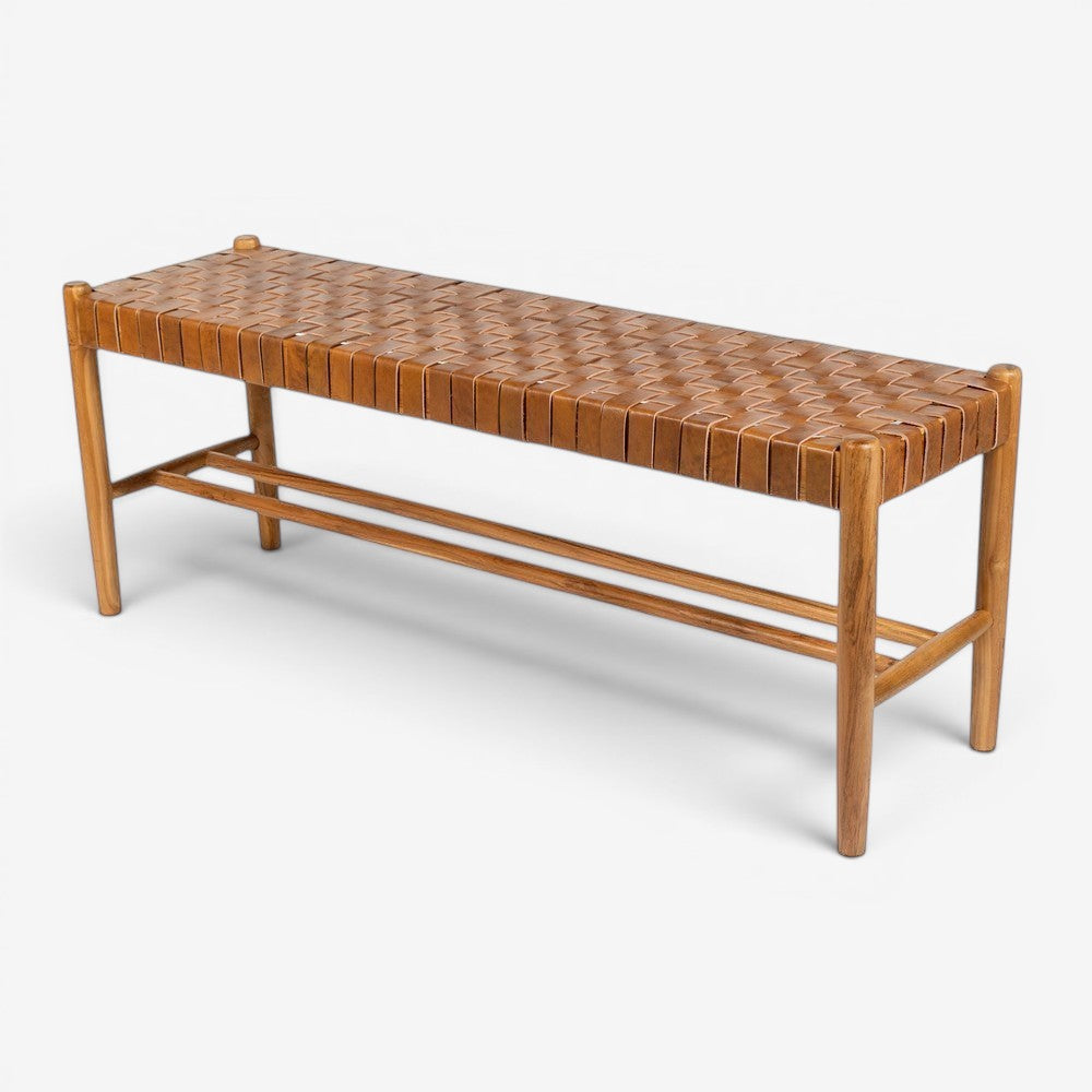 Kayu Living Sanur 120 cm bench with solid teak frame and handwoven camel leather seat. Versatile for hallways or bedrooms.