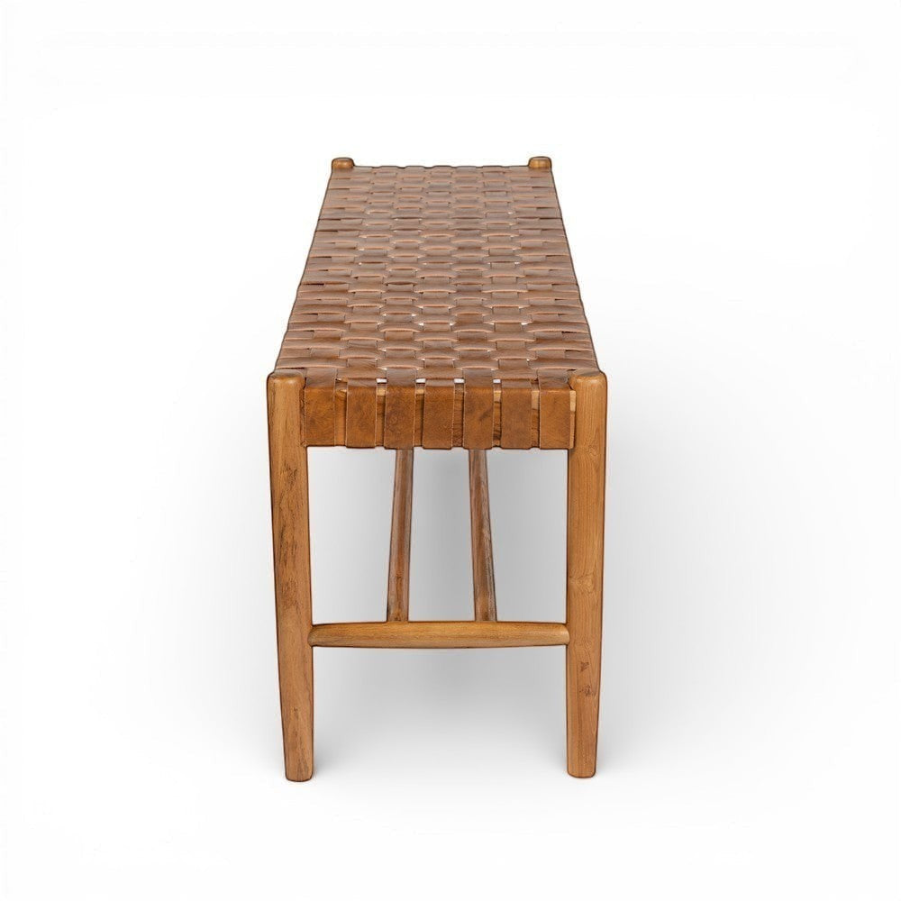 Kayu Living Sanur 120 cm bench with solid teak frame and handwoven camel leather seat.