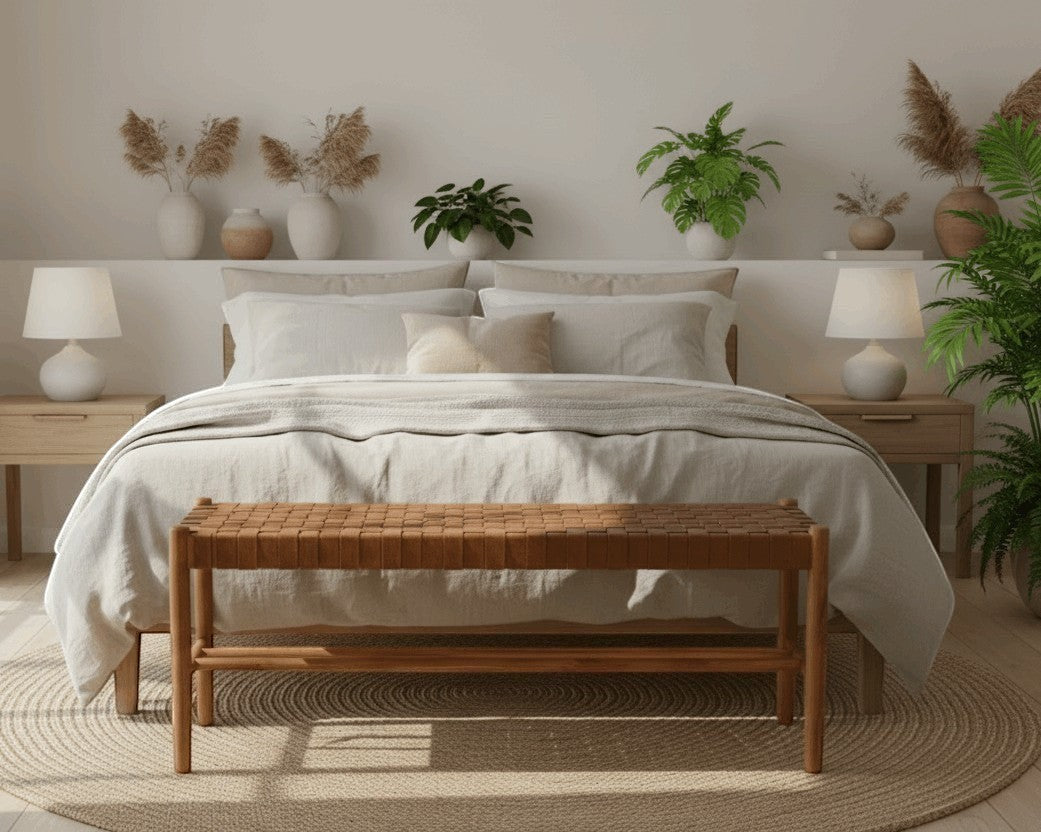 Kayu Living Sanur 120 cm bench with solid teak frame and handwoven camel leather seat. Perfect for hallways or bedrooms.