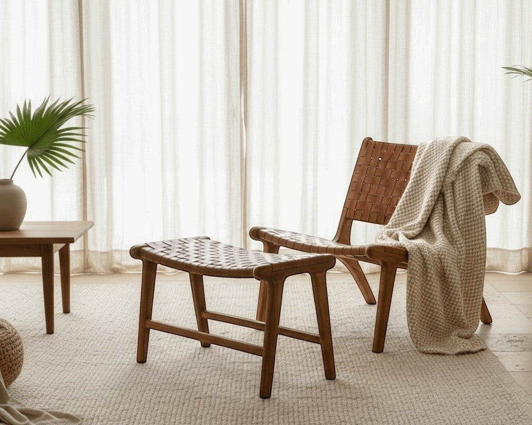 Kayu Living Sanur footstool with handwoven camel leather seat and solid teak wood frame. Perfect as a footrest or extra seating.