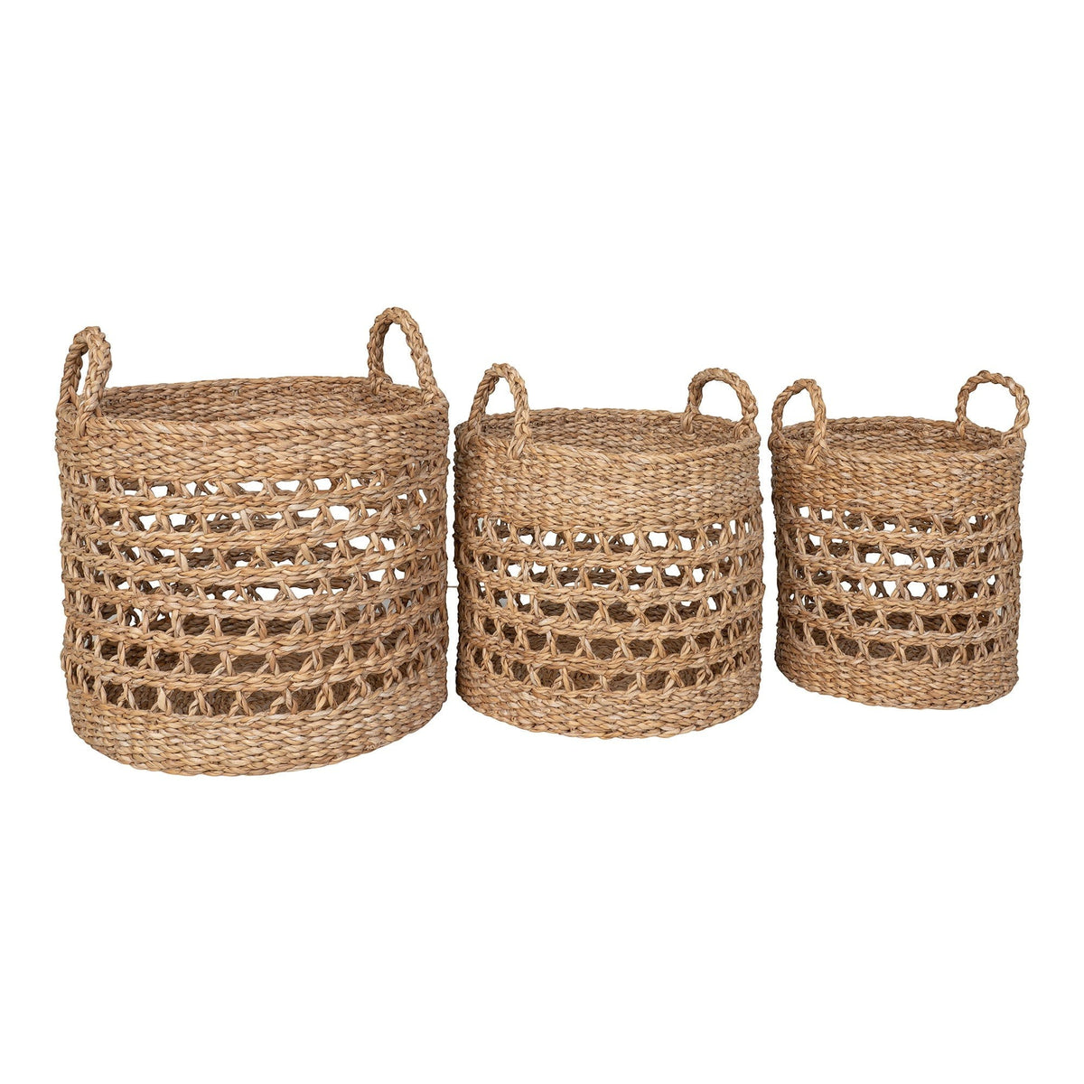 Kayu Living set of three natural seagrass baskets with woven lattice design and sturdy handles