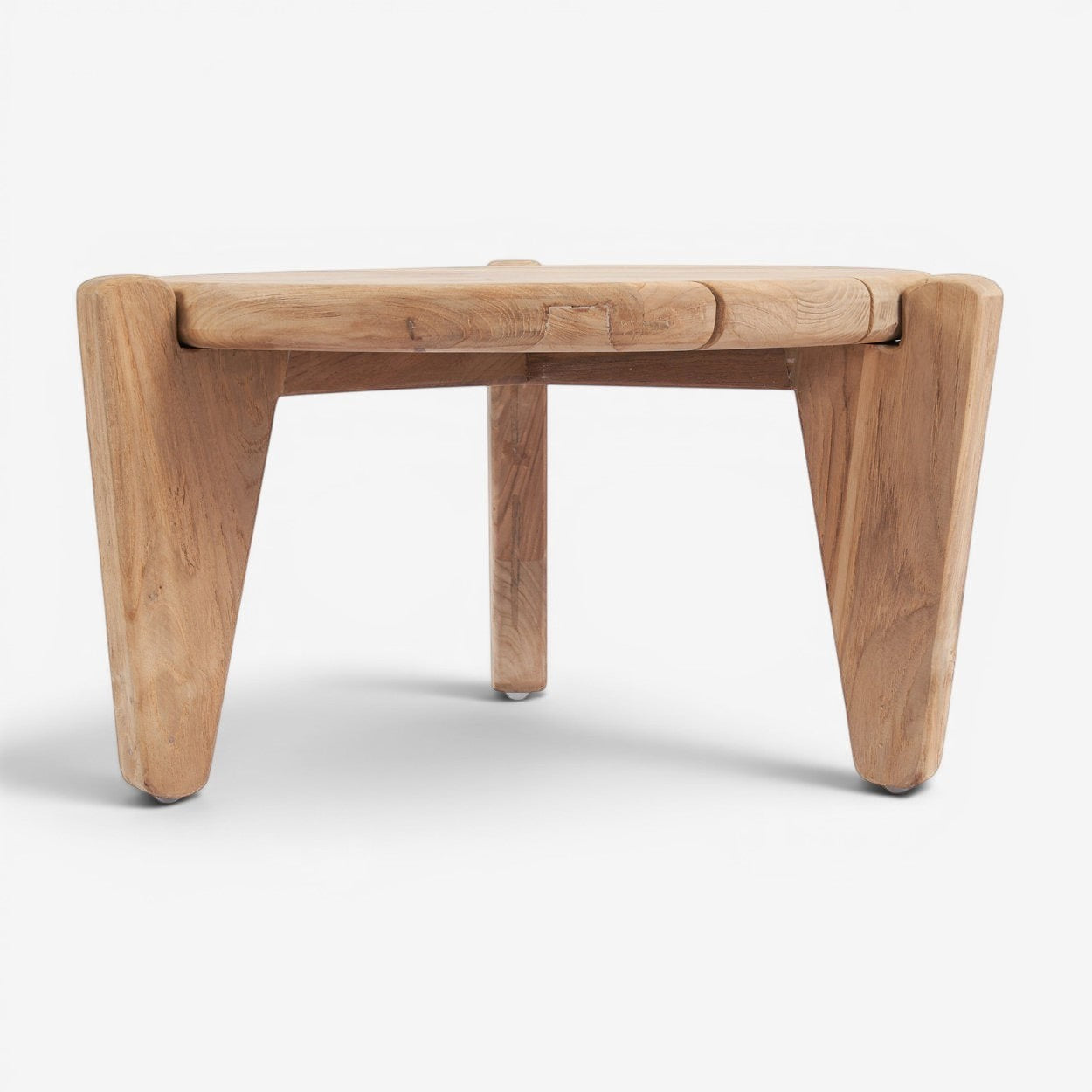 Kayu Living Seseh outdoor coffee table crafted from reclaimed teak with a distinctive three-leg silhouette and natural grain.