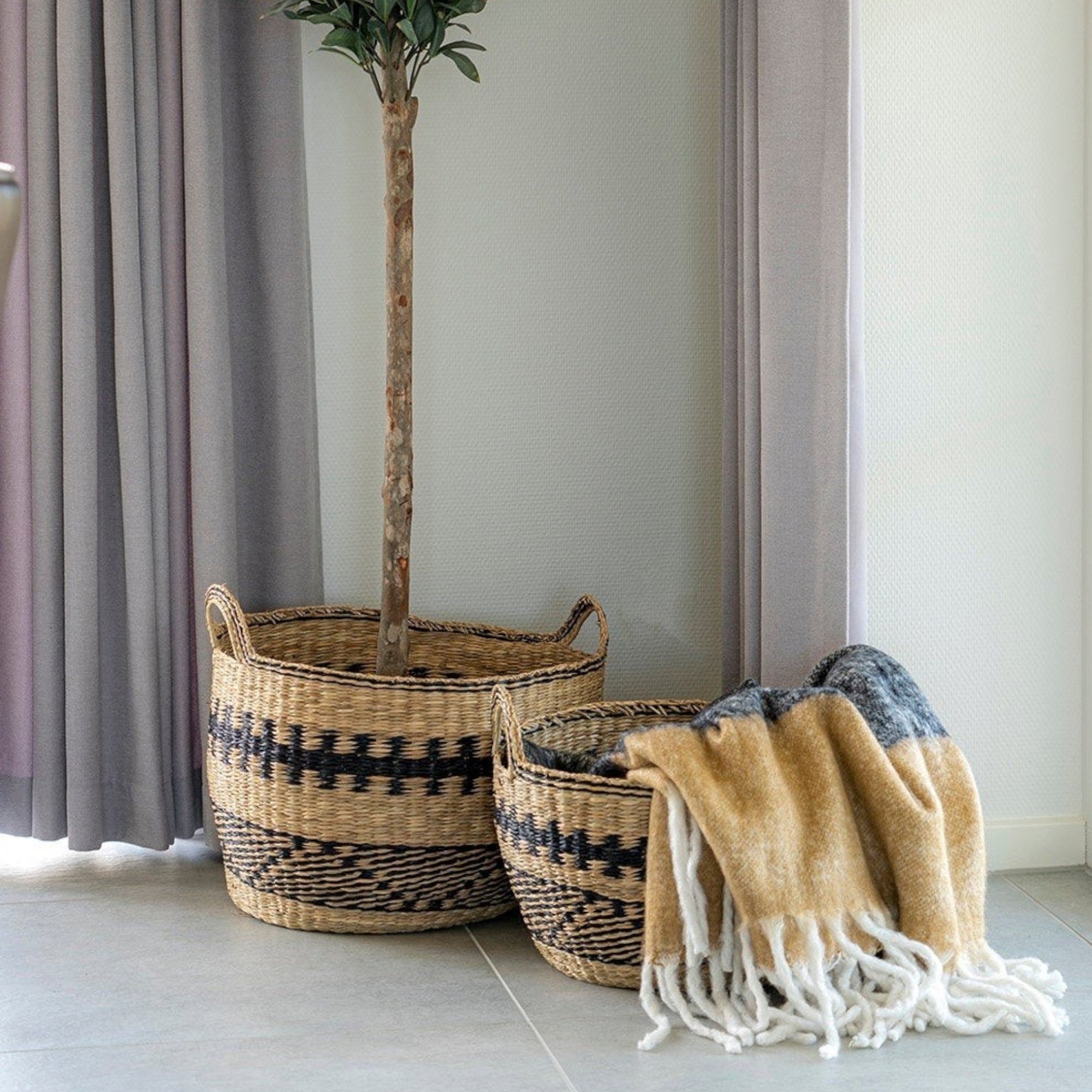 Kayu Living Sintra throw in black, white, and brown draped over a woven basket next to an olive tree in a bright room