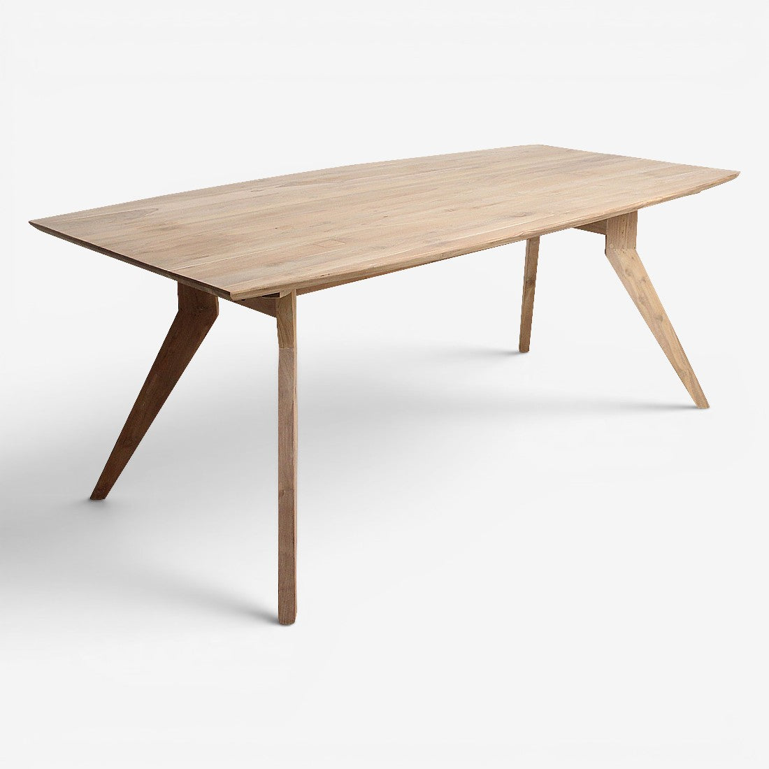 Kayu Living Studio 200cm teak dining table with unique angled legs. Natural wood finish.