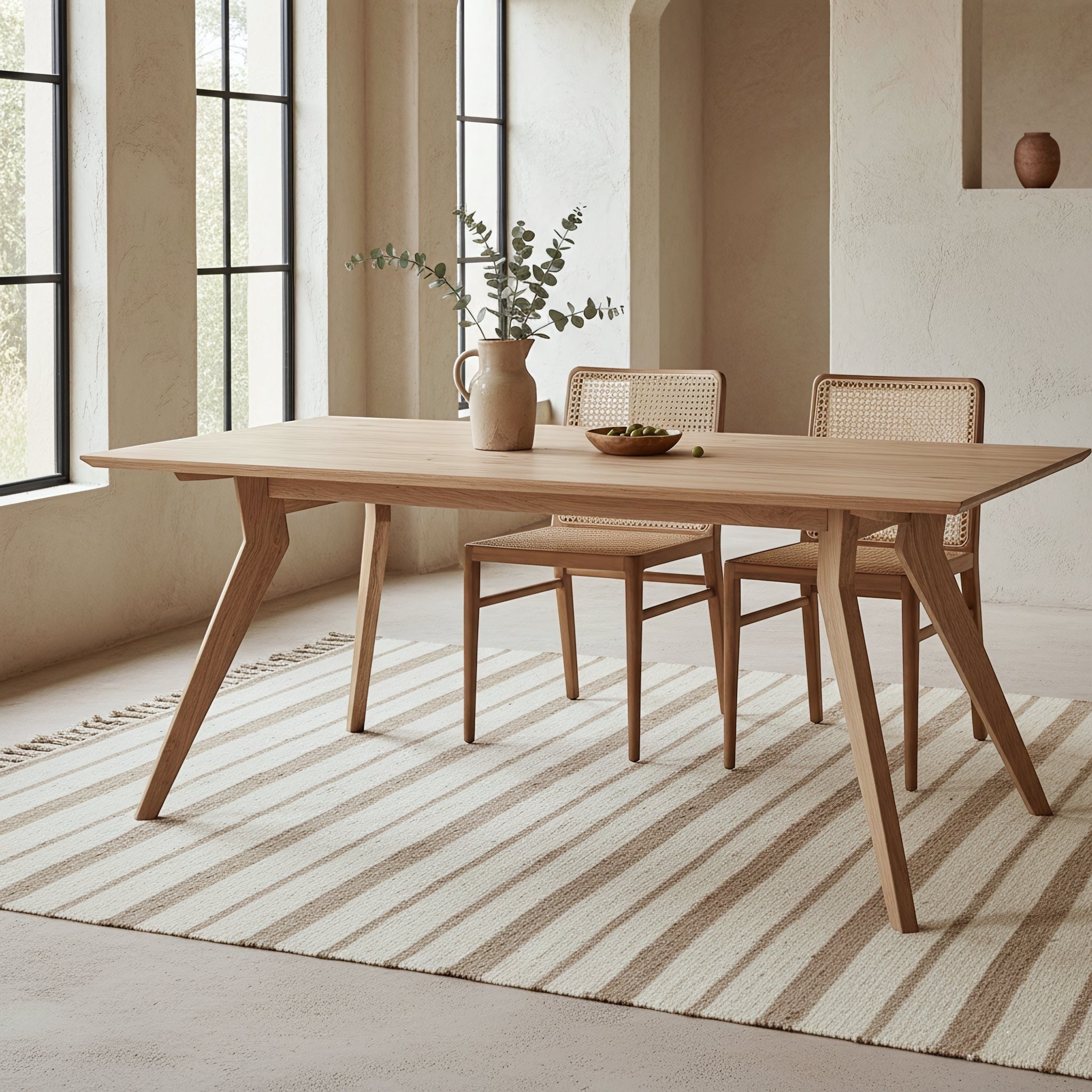 Kayu Living Studio 200cm teak dining table with unique angled legs, paired with cane-backed chairs in a bright, airy room.