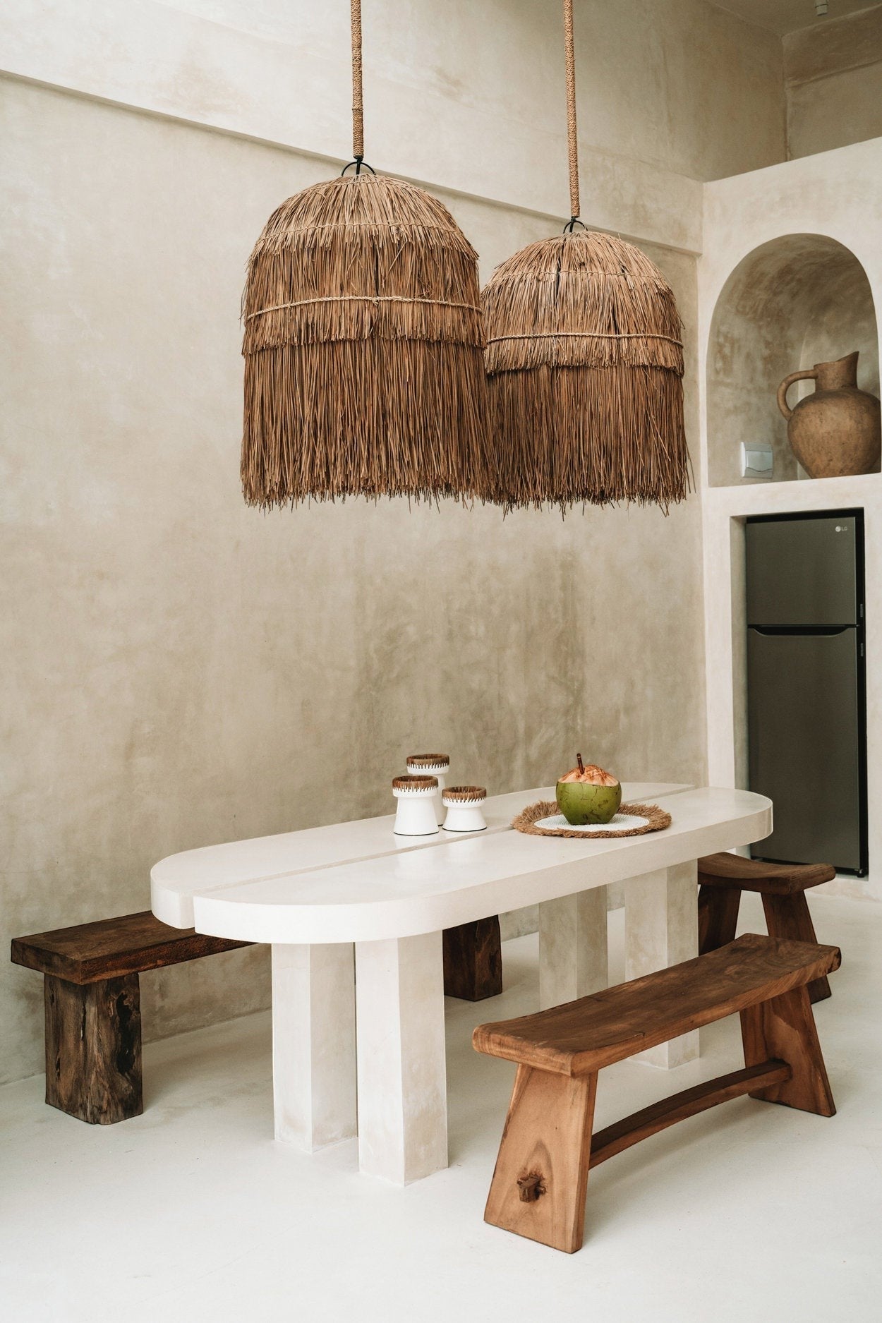 Kayu Living 120 cm handmade Suar wood bench with natural grain in a minimalist dining room setting.