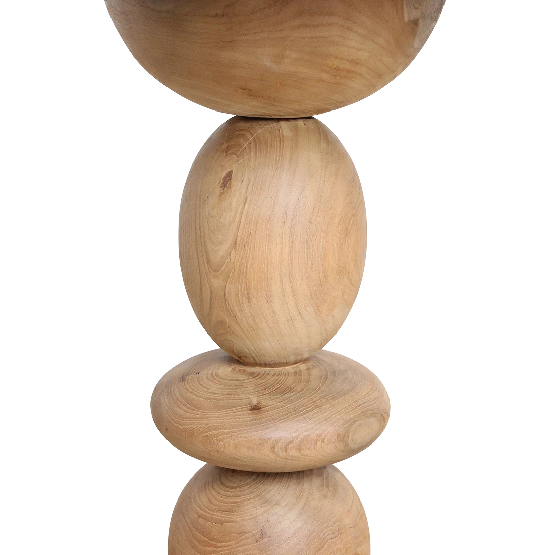 Kayu Living round teak bistro table with a unique stacked sculptural base, showing natural wood grain texture.
