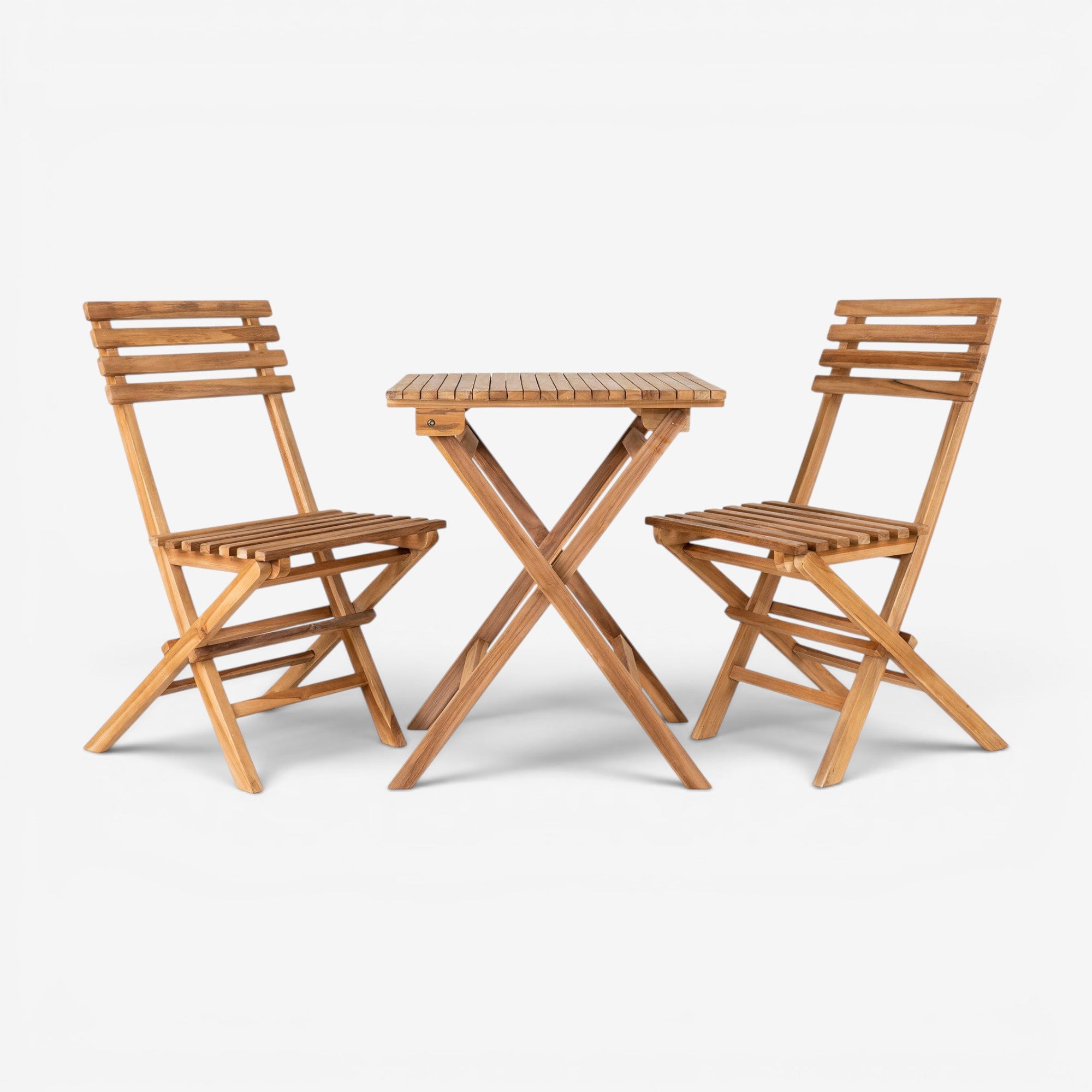 Kayu Living elegant natural teak coffee set with two folding chairs and a square table. Weather-resistant outdoor furniture.