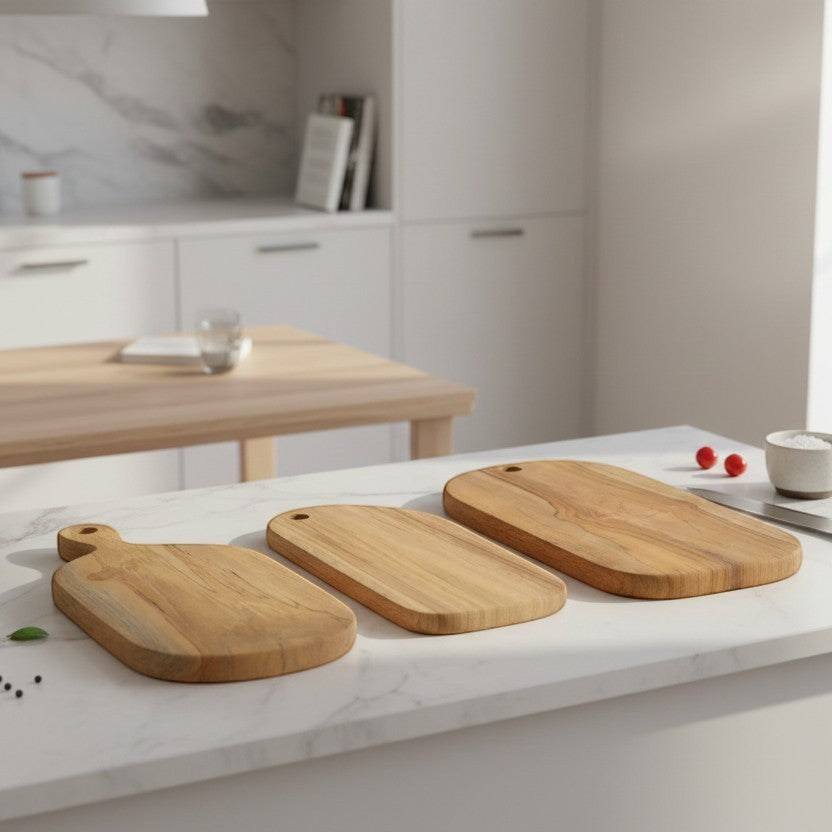 Kayu Living handcrafted teak wood cutting boards, set of 3, natural grain, smooth finish, food-safe, moisture-resistant.