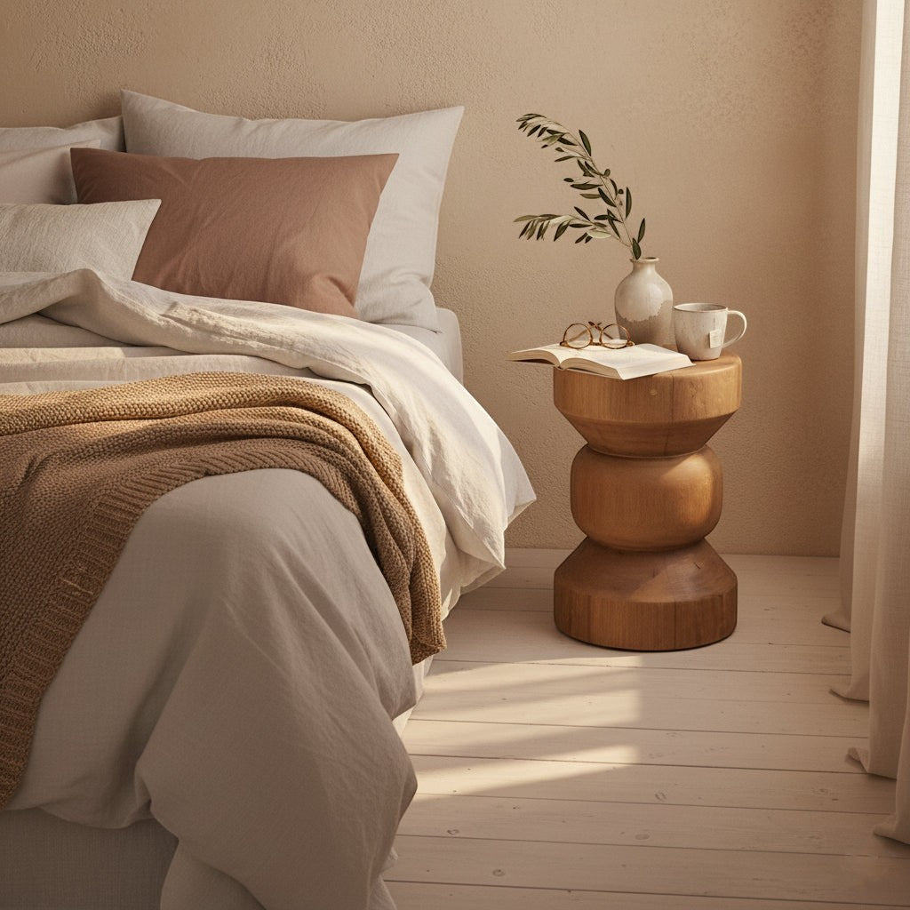 Kayu Living Forma Ritari solid teak side table with geometric stacked design beside a cozy neutral bedroom bed