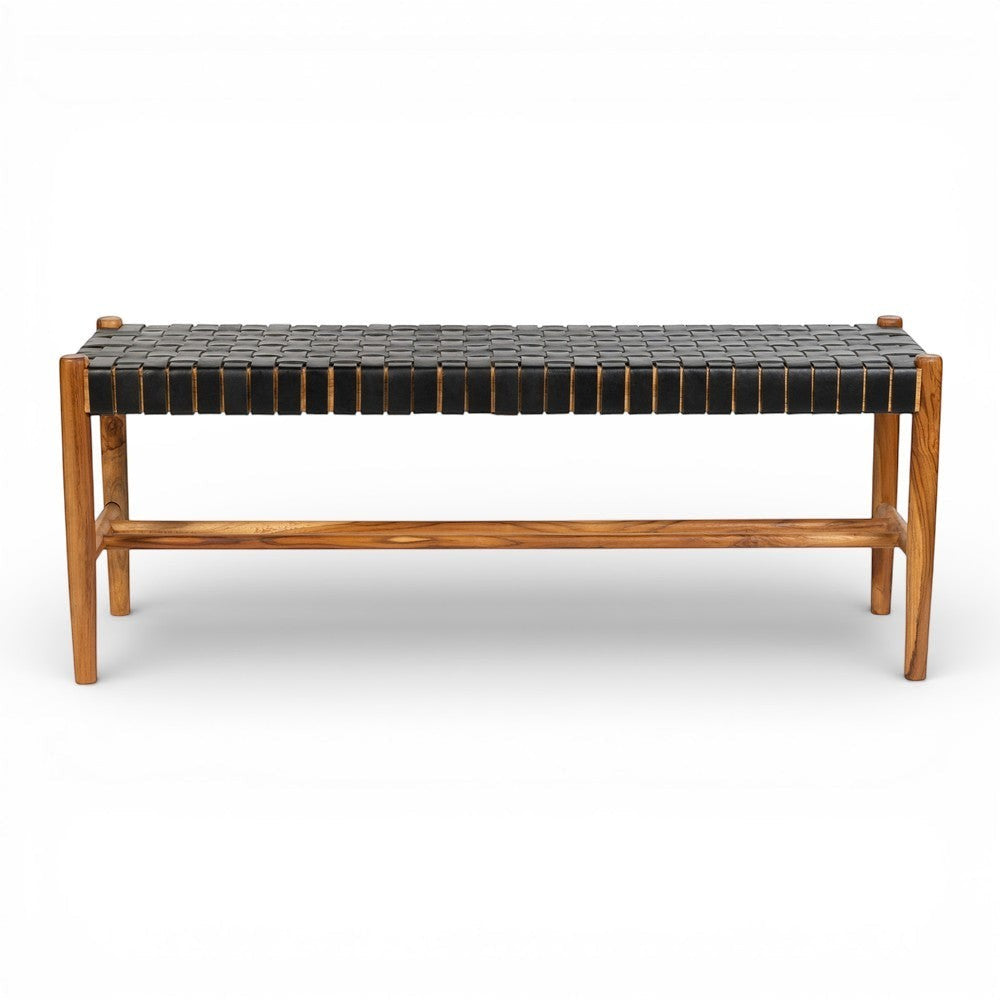 Kayu Living Umalas 120cm bench with a solid teak frame and a black woven leather seat. Modern and durable design.