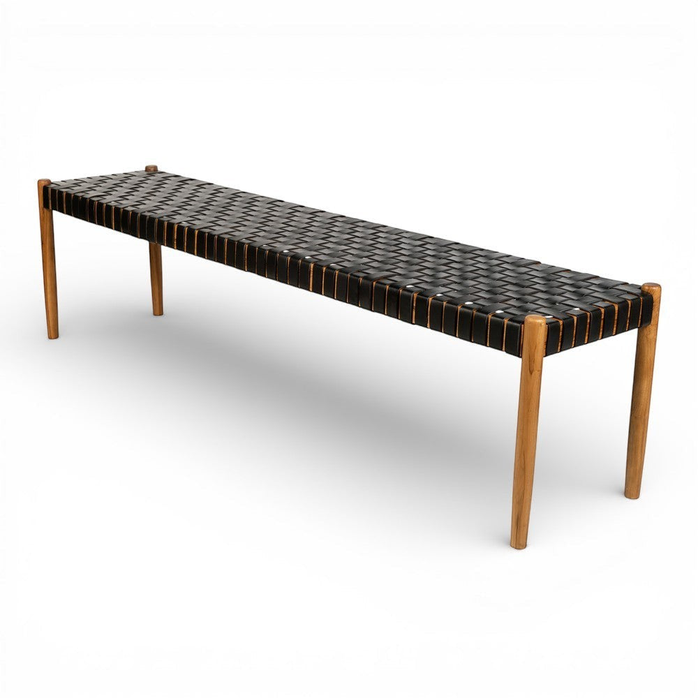 Kayu Living Umalas 180cm bench with solid teak frame and handwoven black leather seat.