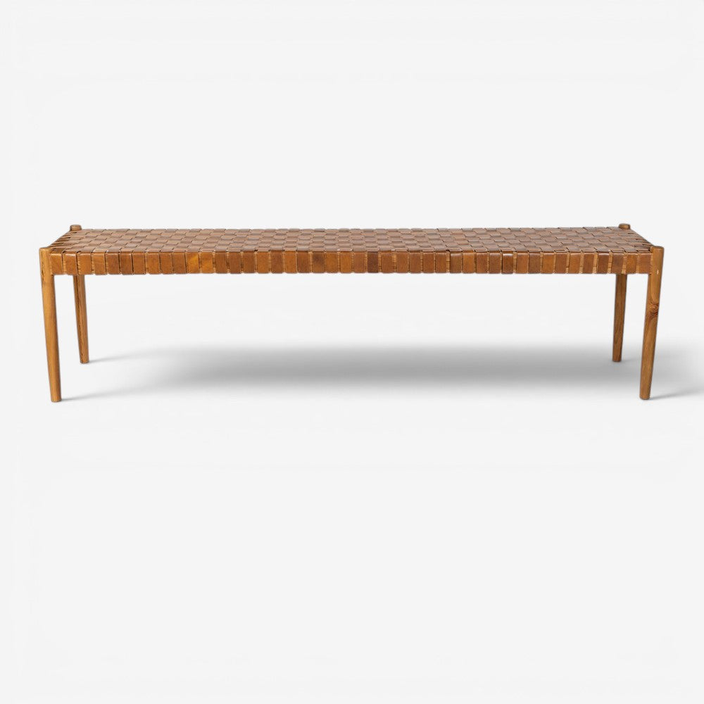 Kayu Living Sanur 180cm bench with solid teak frame and handwoven camel leather seat.