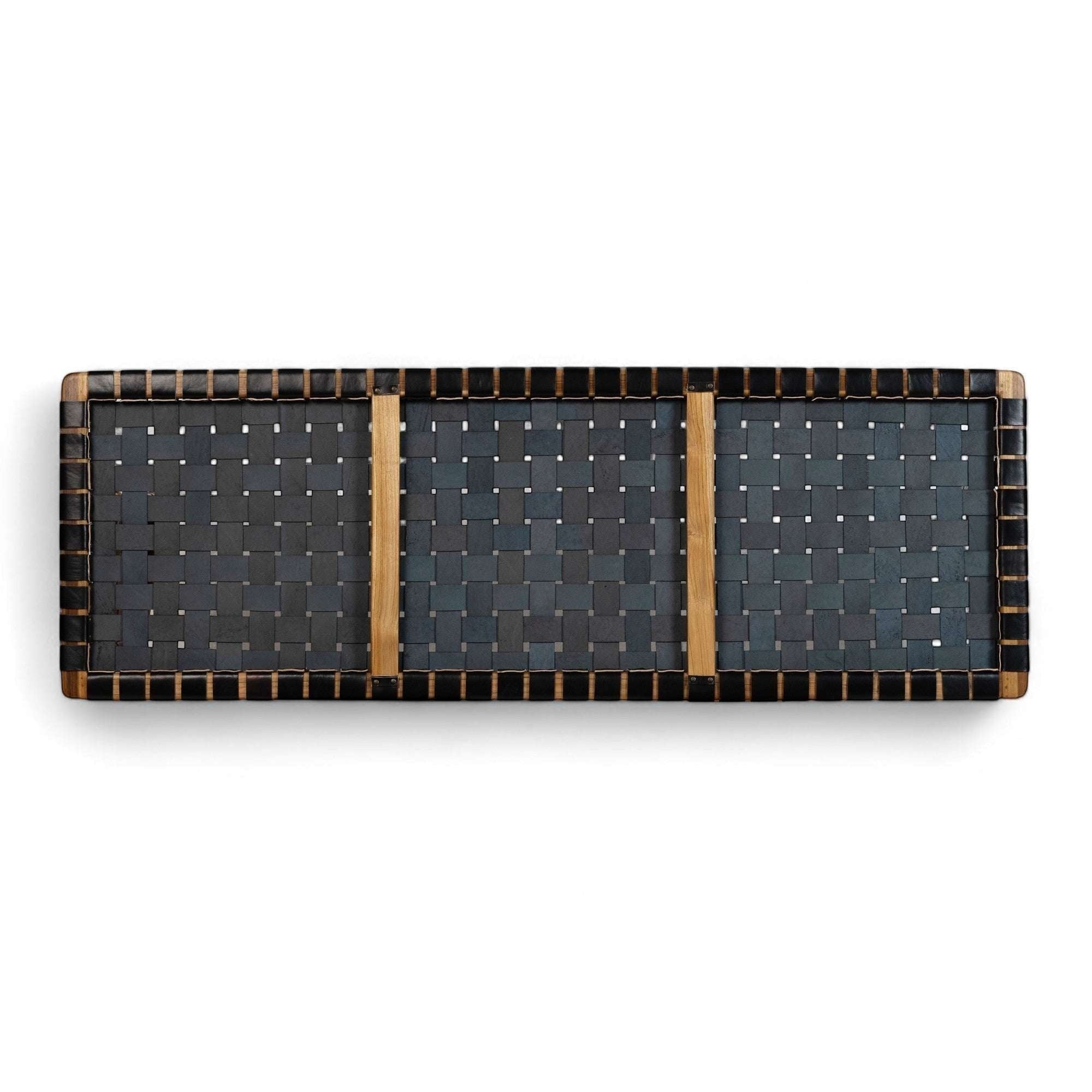 Kayu Living Umalas headboard: handcrafted teak frame with black woven leather straps. Modern artisanal design.