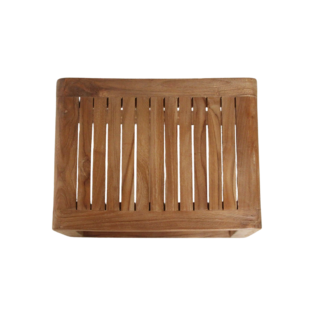 Top view of a Kayu Living handcrafted solid teak rocking stool with a slatted seat design on a black background.