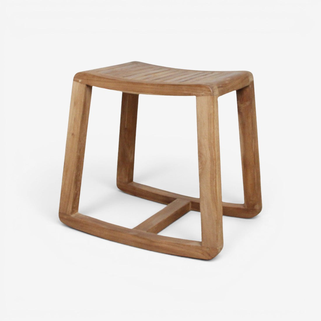 Kayu Living handcrafted solid teak rocking stool with a warm wood grain and compact, ergonomic design.