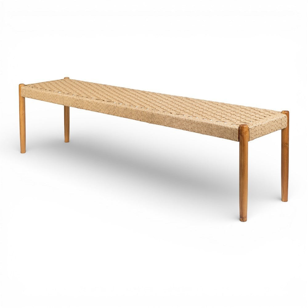 Kayu Living Cemagi 180cm bench with solid teak frame and handwoven natural rope seat.