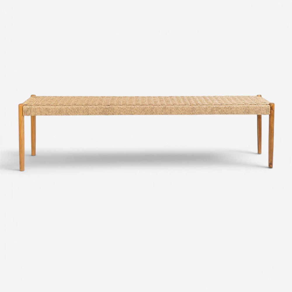 Kayu Living Cemagi 180cm bench with solid teak frame and handwoven natural rope seat.