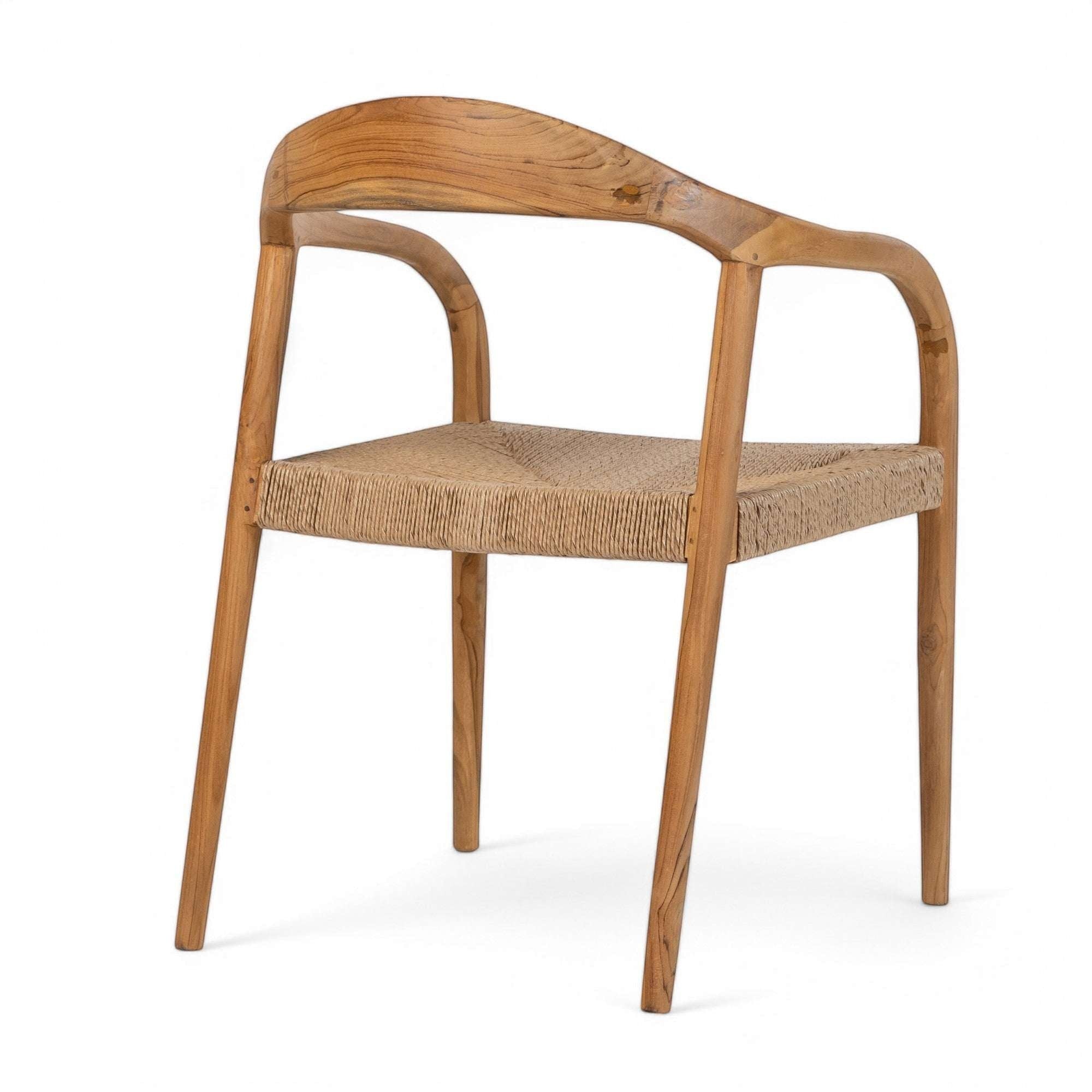 Kayu Living Cemagi chair with teak frame and handwoven rope seat, suitable for indoor/outdoor use.