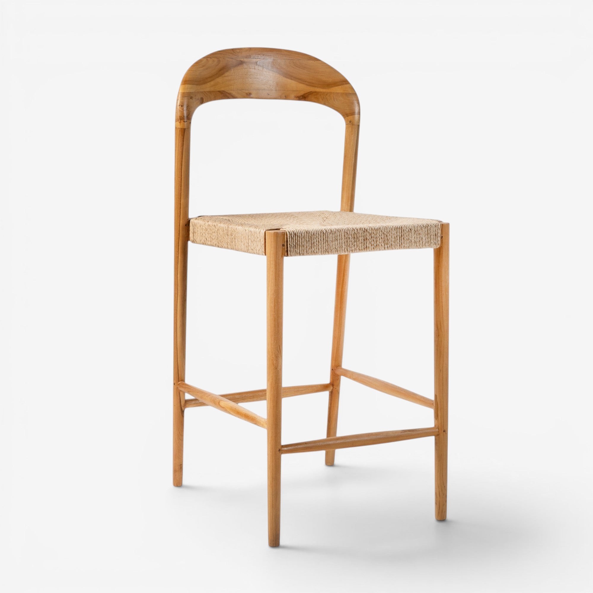 Kayu Living Cemagi teak counter stool with woven natural rope seat and curved wooden back. Modern style.