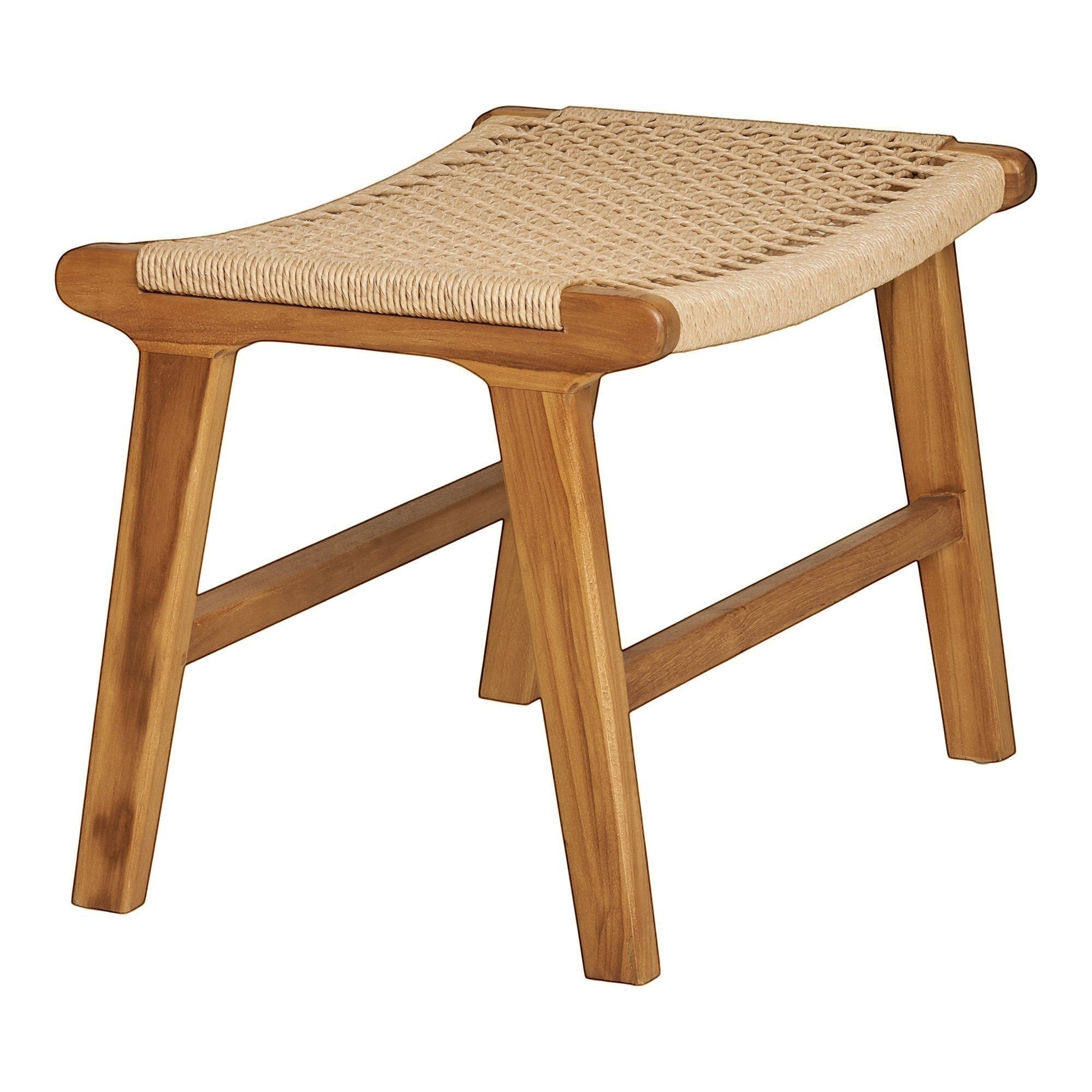 Kayu Living Derby footstool featuring a natural teak wood frame and a woven rope seat for indoor or outdoor use.