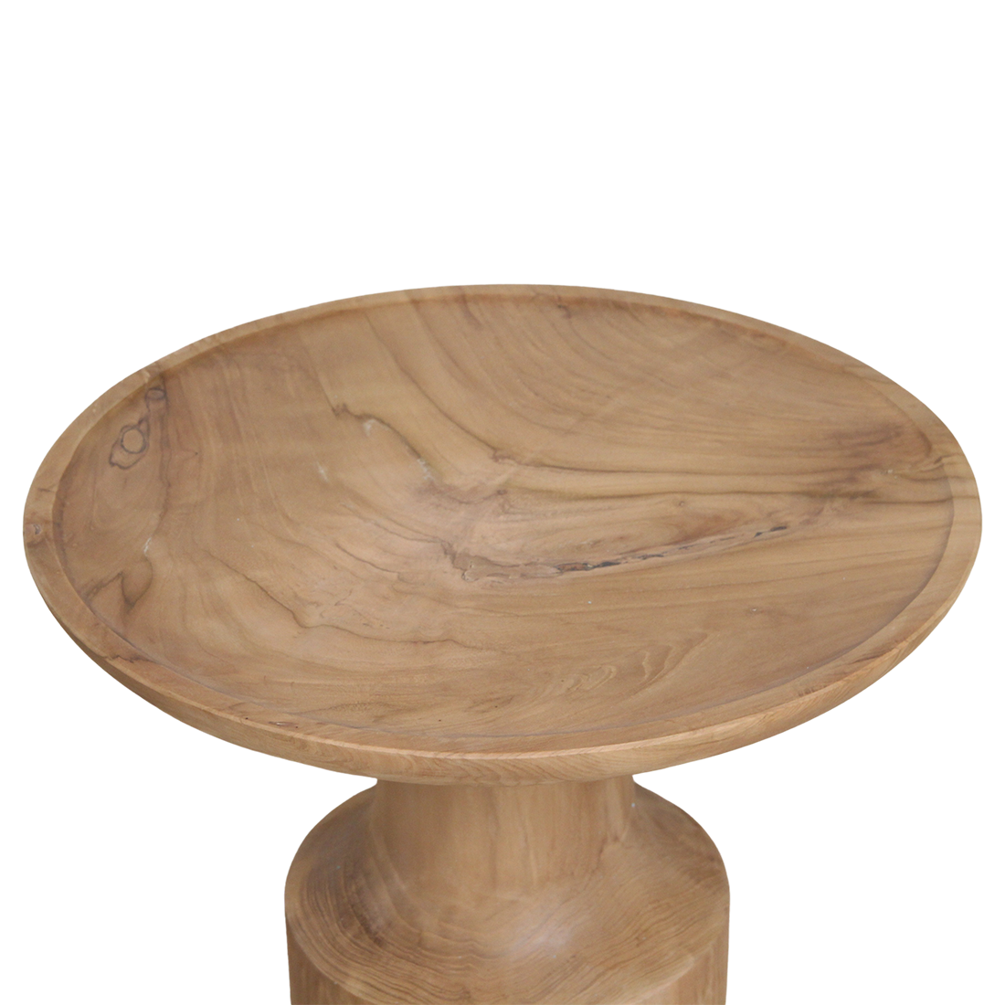 Kayu Living Nero Day round teak side table with a natural wood grain finish and a sleek pedestal base.