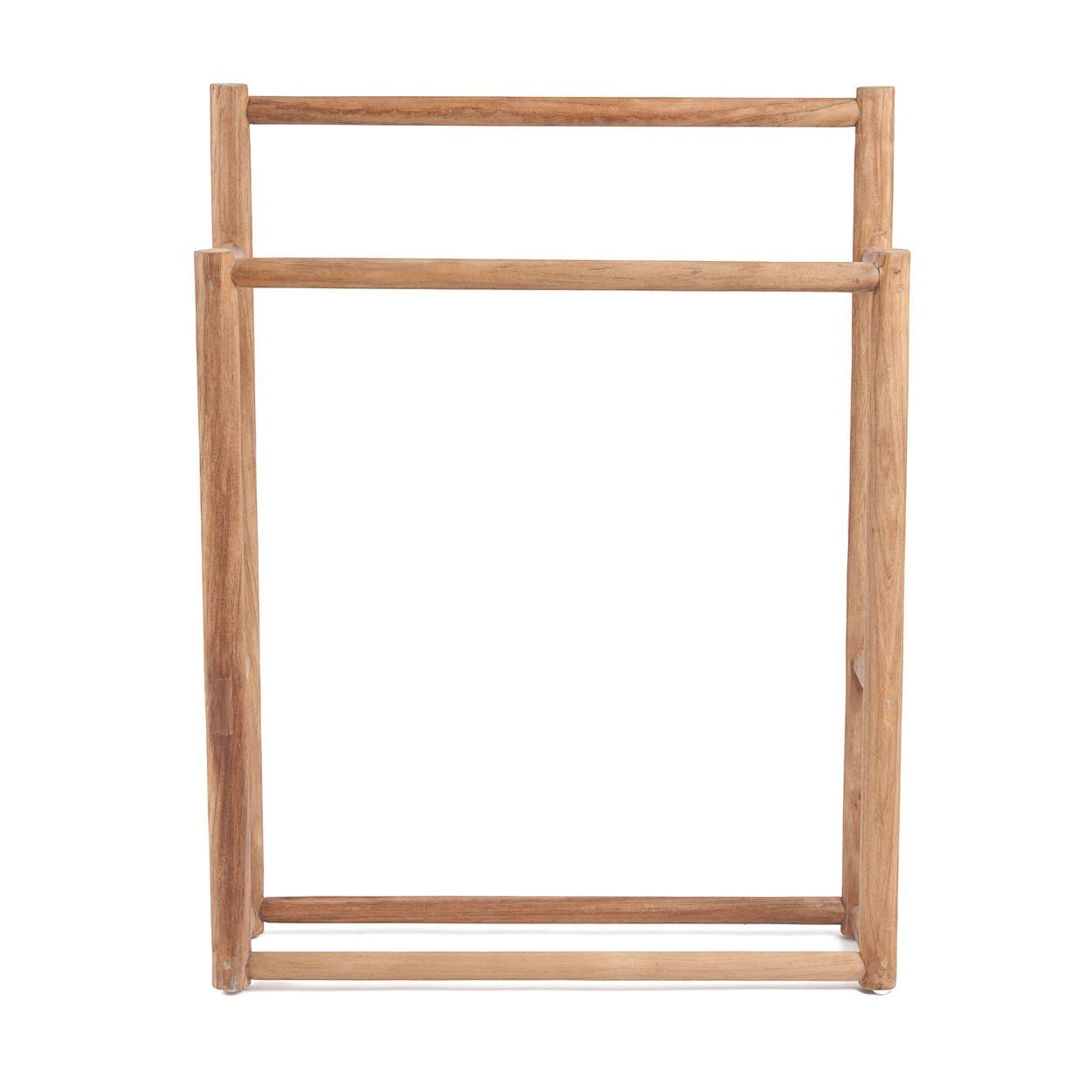Kayu Living handmade natural teak towel hanger with a rustic finish for bathrooms or outdoor spaces.
