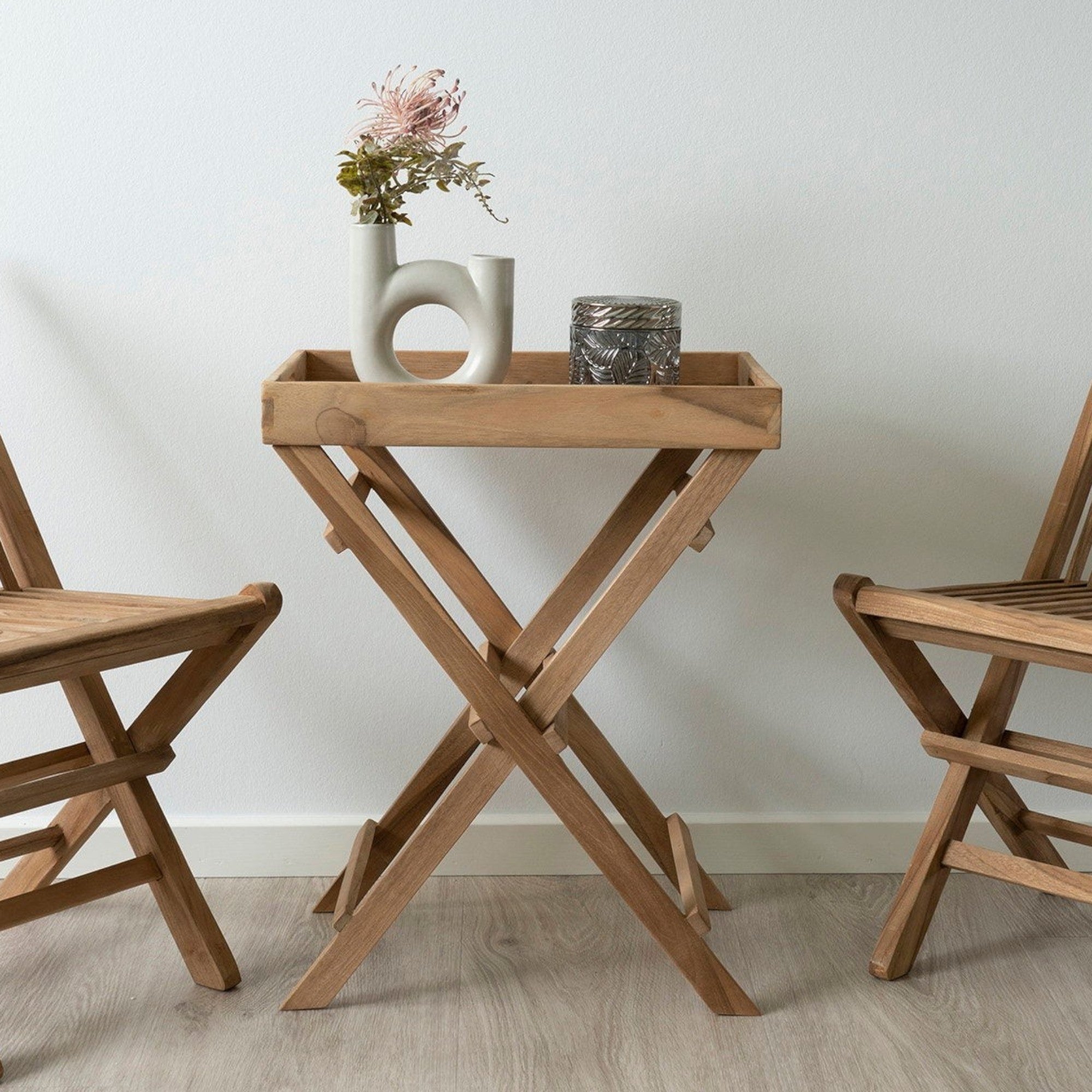Kayu Living natural teak tray table with warm finish, versatile as a side or serving table. Features a timeless design.