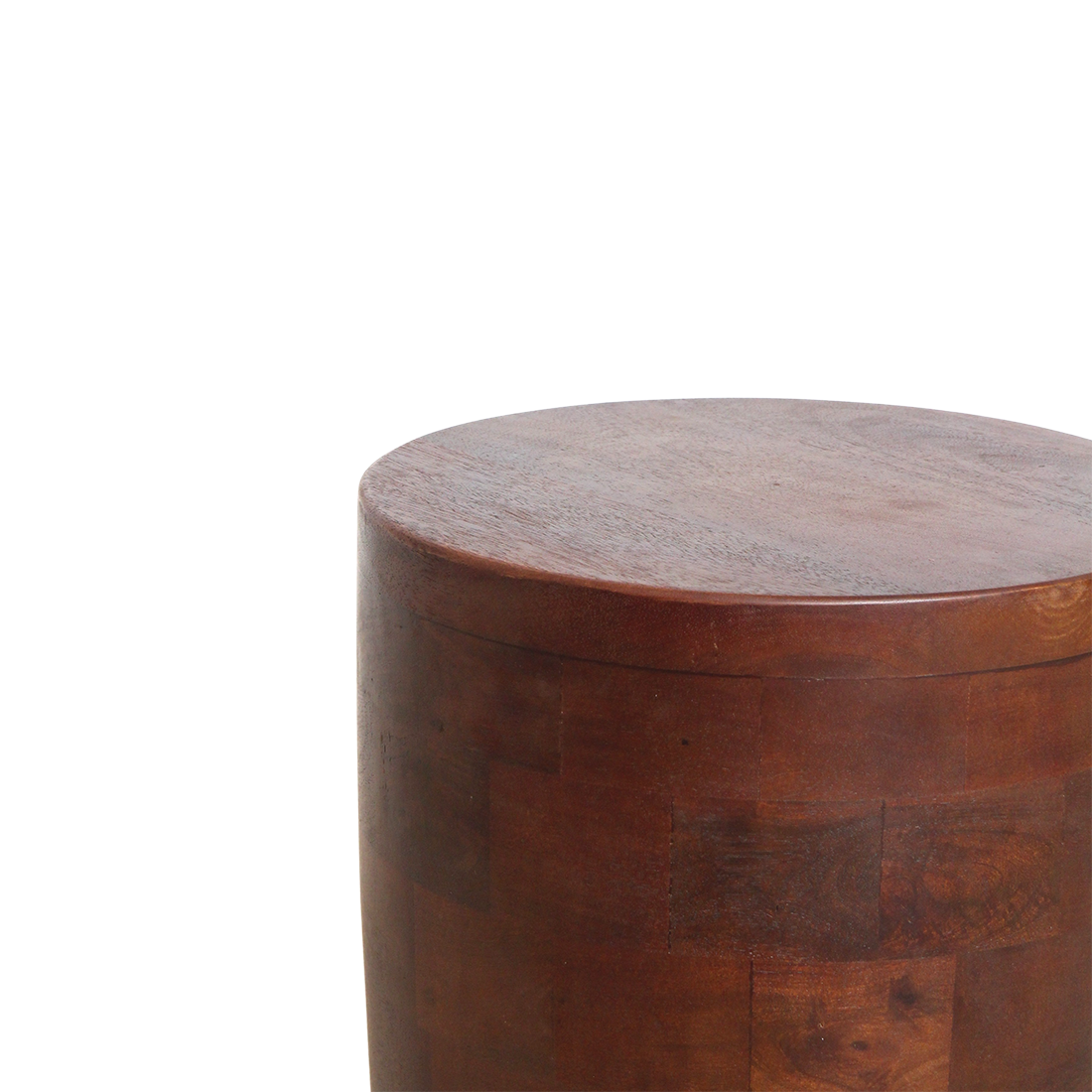 Kayu Living Tuvalu round stool made of solid brown mango wood with a visible natural grain pattern