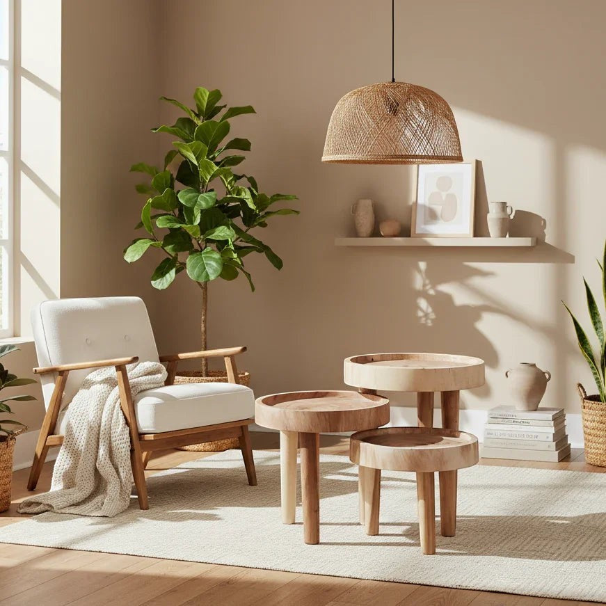 Kayu Living Ulu side tables in natural suar wood with distinctive grain patterns. Three sizes available.