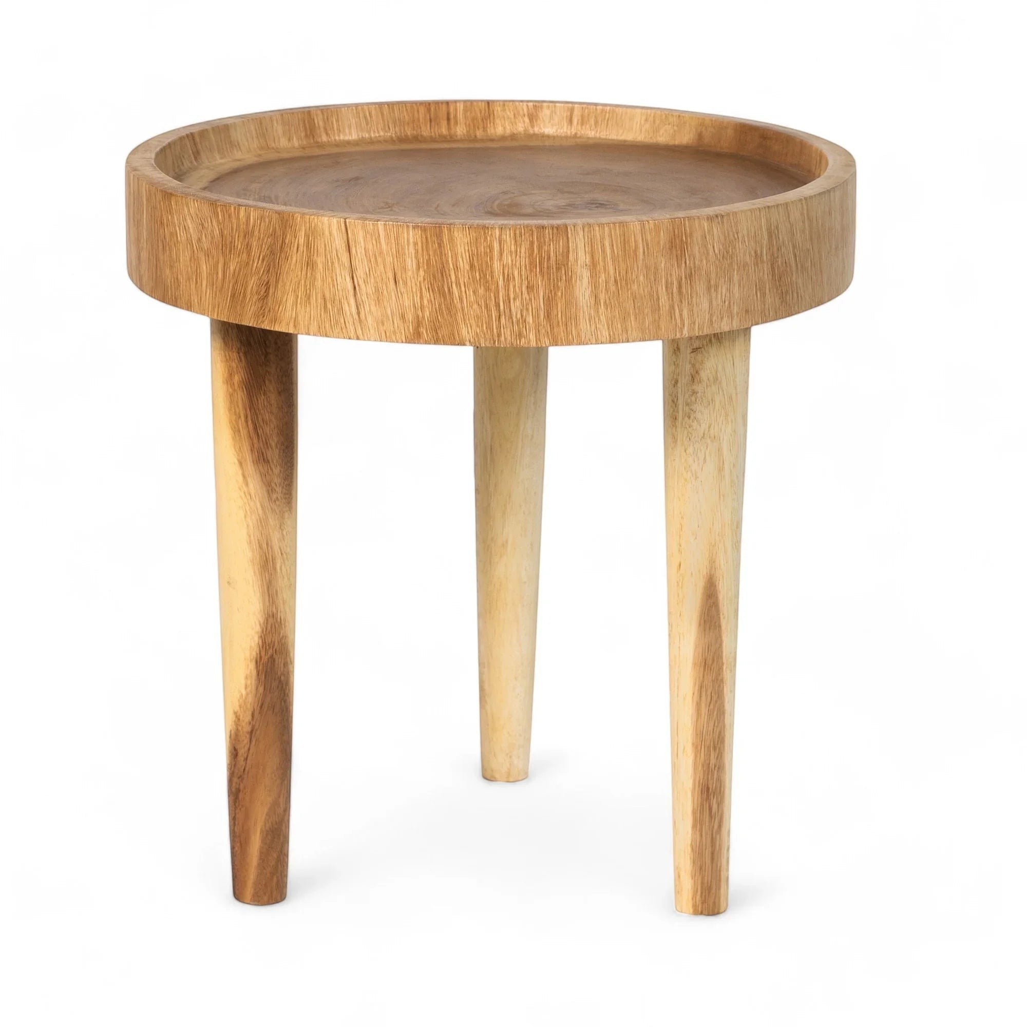 Kayu Living Ulu side table, round suar wood top with distinctive grain, three tapered legs, natural wood finish.