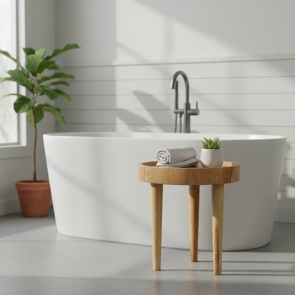 Kayu Living Ulu side table made of suar wood with three tapered legs, perfect for a bathroom or living space.