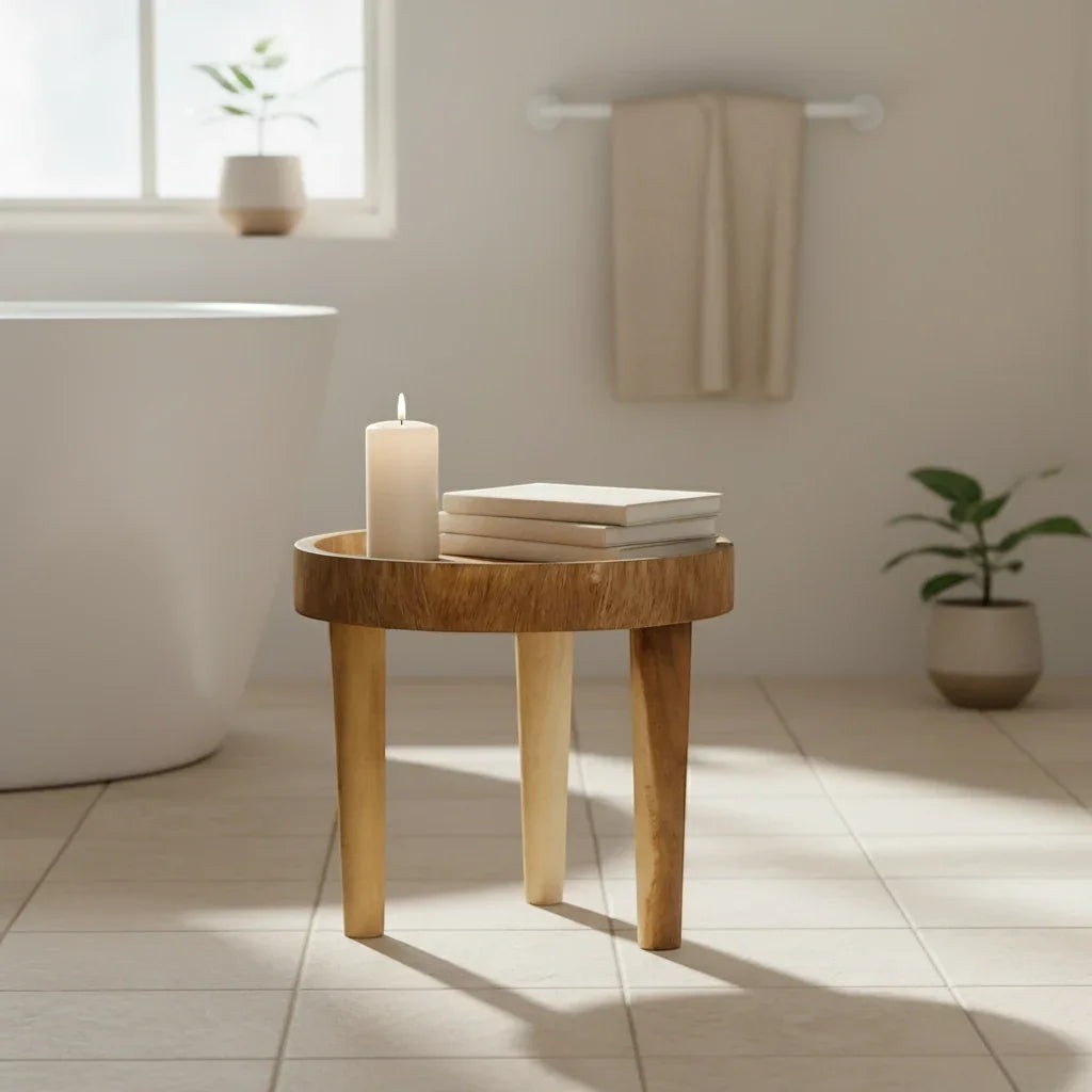 Kayu Living Ulu side table made of suar wood with three legs, featuring a round top with distinctive grain patterns.