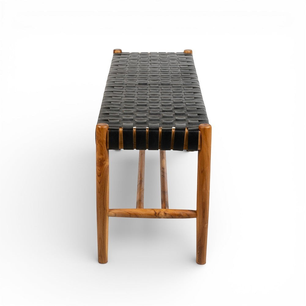 Kayu Living Umalas 120cm bench with solid teak frame and black woven leather seat. Ideal for hallways or bedrooms.
