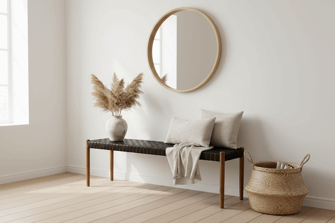 Kayu Living Umalas 180 cm bench with solid teak frame and handwoven black leather seat. Perfect for dining or hallway.