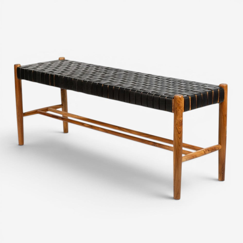 Kayu Living Umalas 120 cm bench with solid teak frame and black woven leather seat. Perfect for hallways or bedrooms.