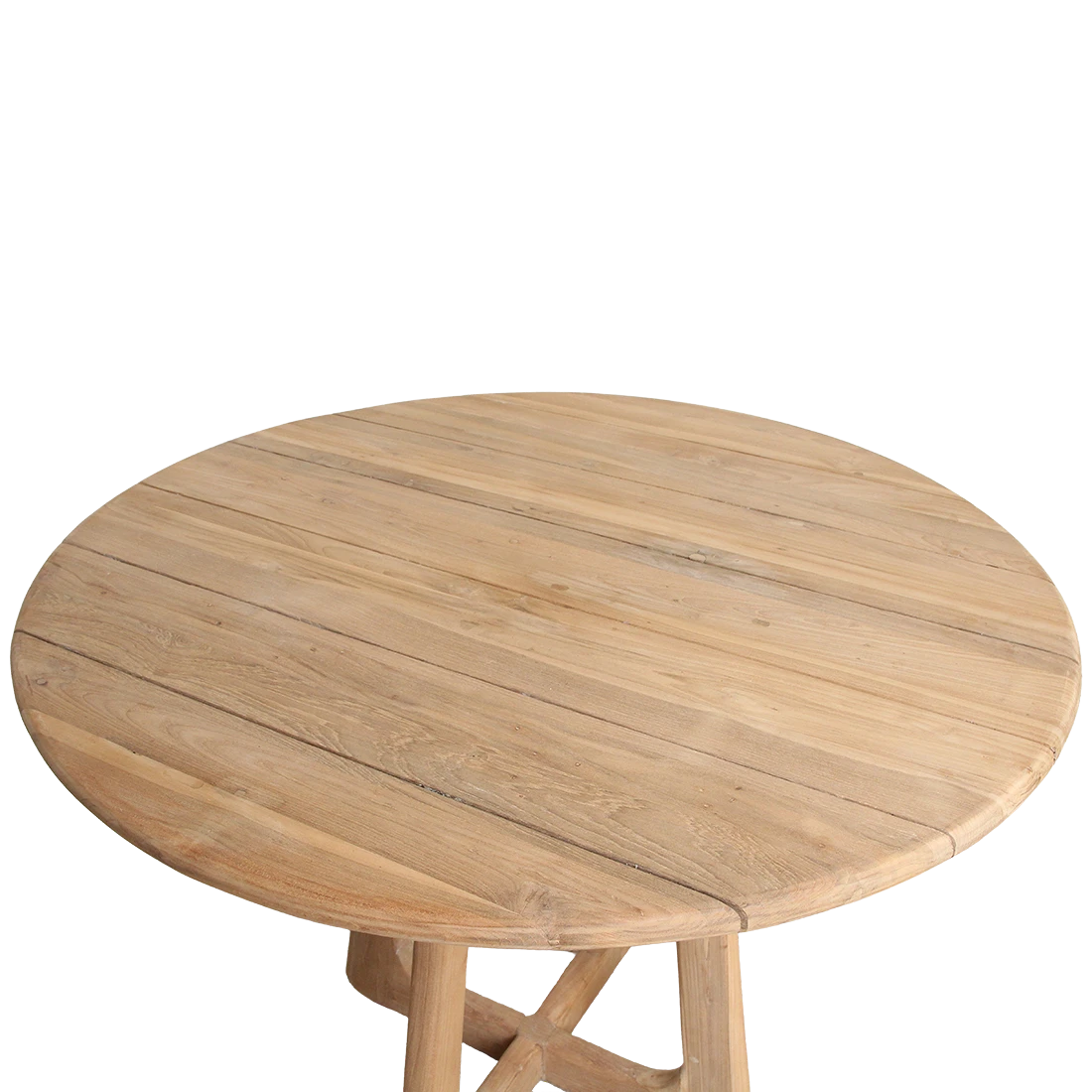 Kayu Living Verano round teak table with a natural wood grain finish, perfect for outdoor dining.