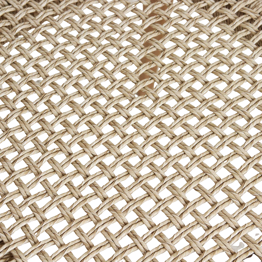Close-up of the beige woven rope seat on a Kayu Living Verano teak garden chair.