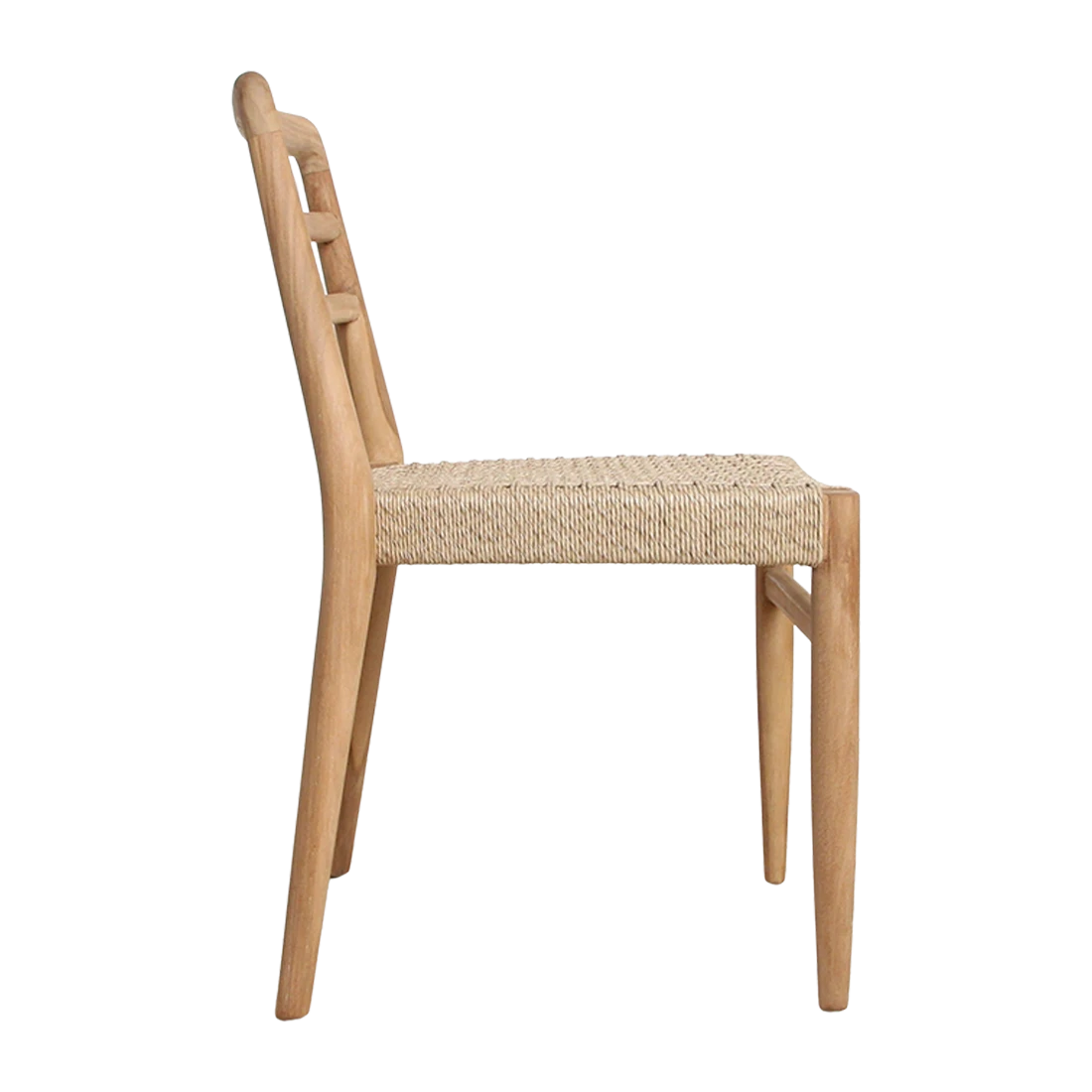 Kayu Living Verano teak dining chair in natural wood with a woven rope seat, side profile view.