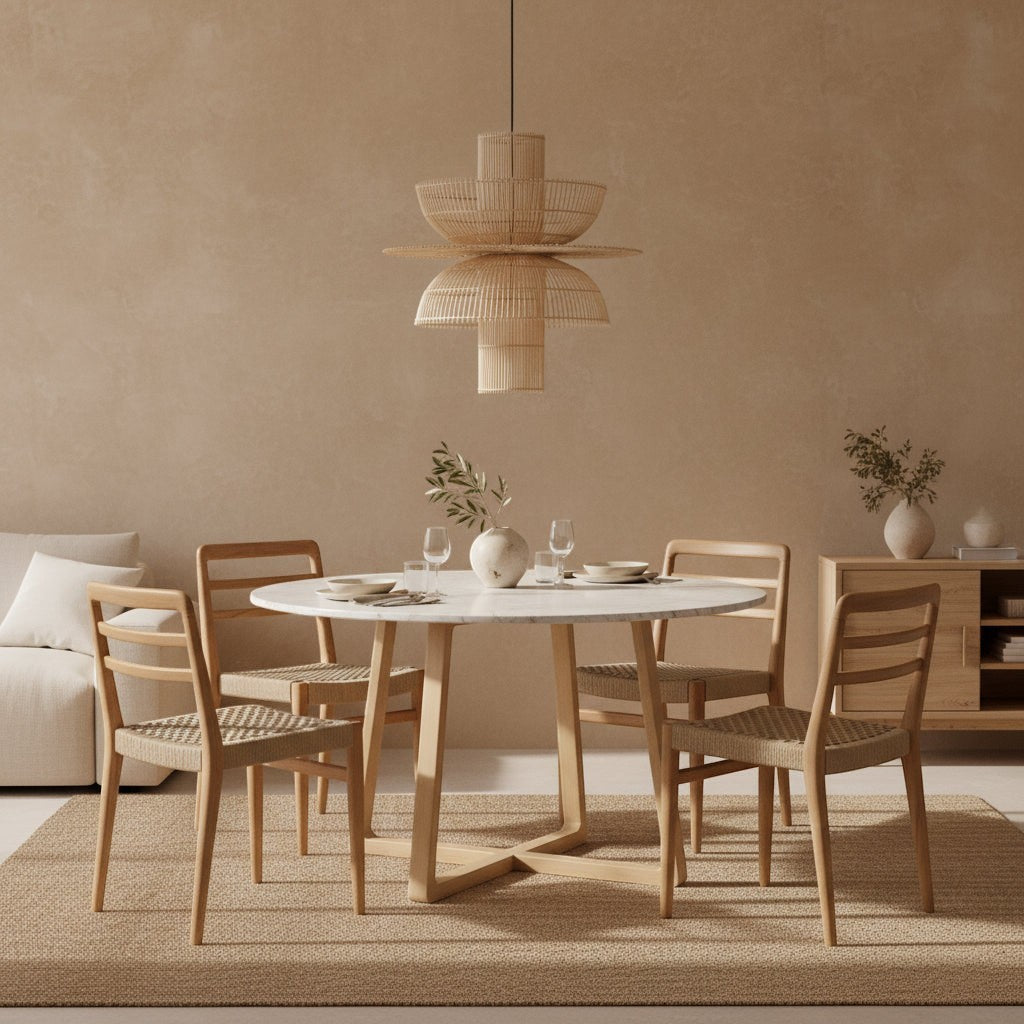 Kayu Living Verano teak dining chairs with woven rope seats arranged around a round marble table in a neutral room.
