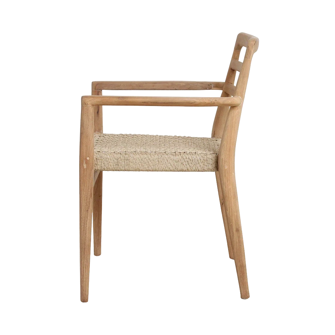 Kayu Living Verano teak garden chair with armrests and woven rope seat in natural wood finish
